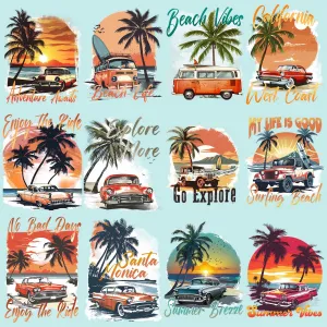 19 Retro Summer Beach Classic Car Designs Bundle PNG