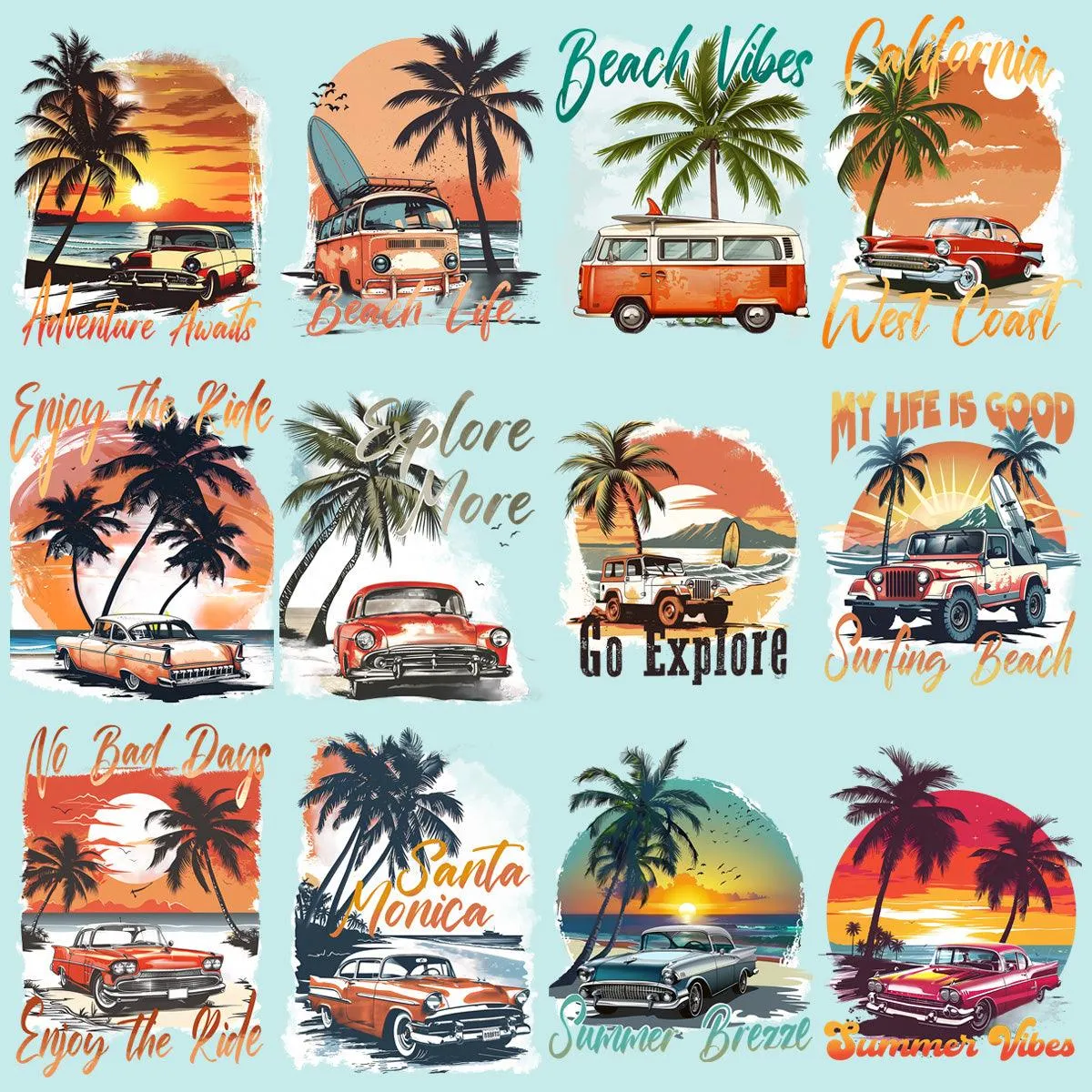 19 Retro Summer Beach Classic Car Designs Bundle PNG