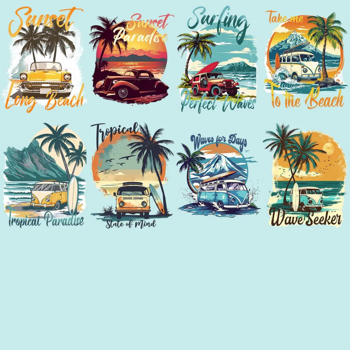 19 Retro Summer Beach Classic Car Designs Bundle PNG