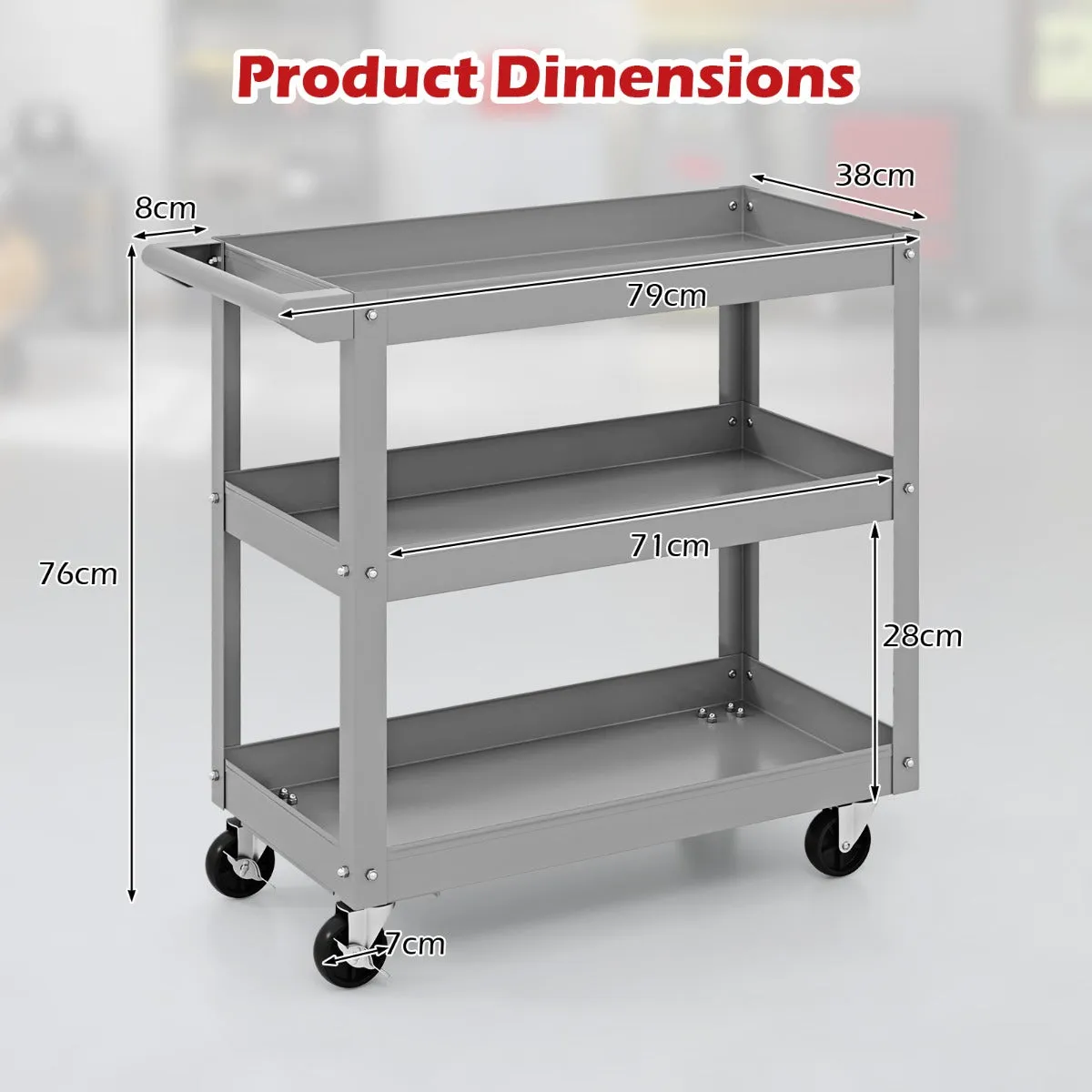 3-Tier Tool Trolley with Handle and Lockable Wheels-Grey