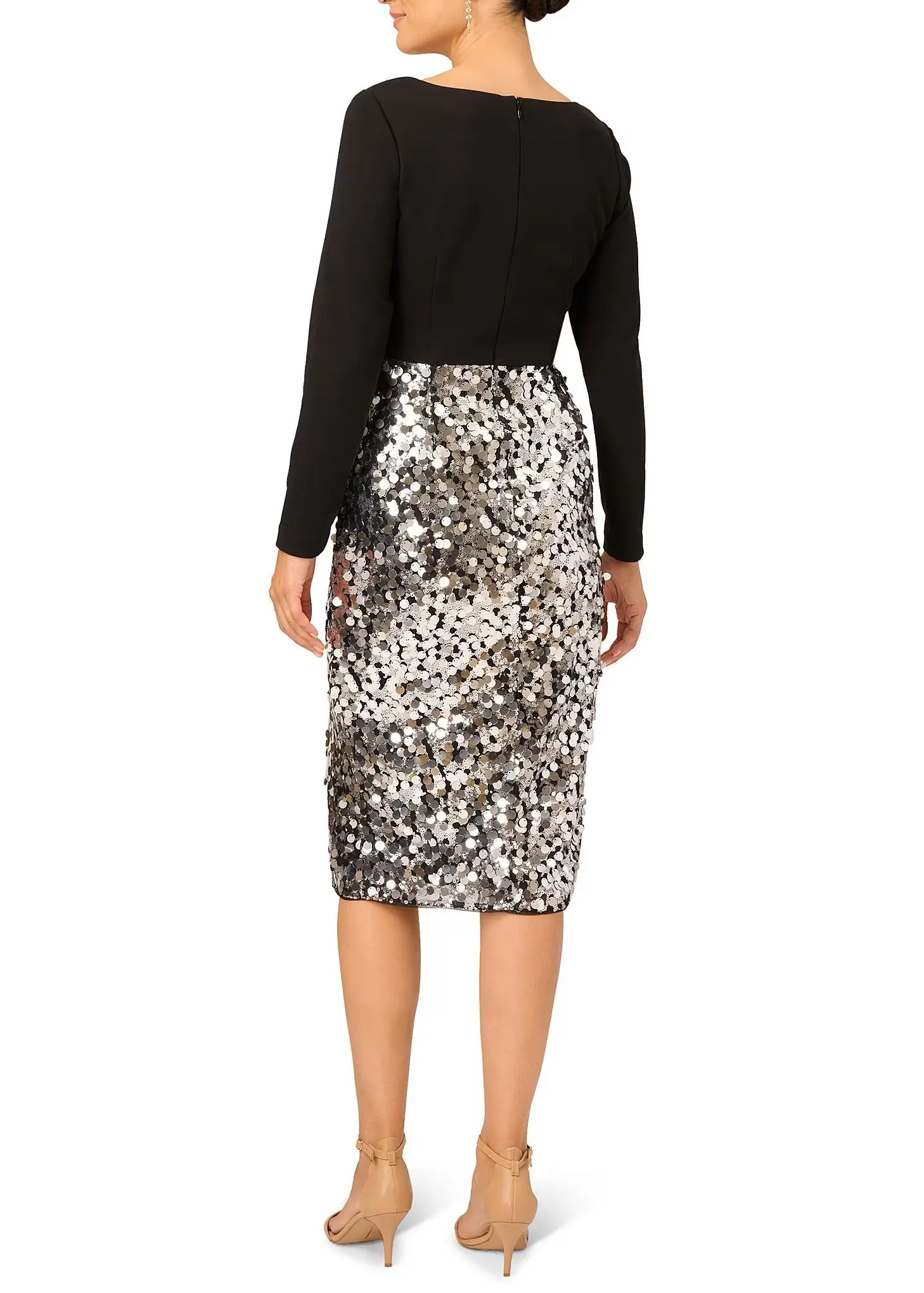 Adrianna Papell square neck long sleeve zipper closure solid bodice embellished discs skirt stretch crepe dress