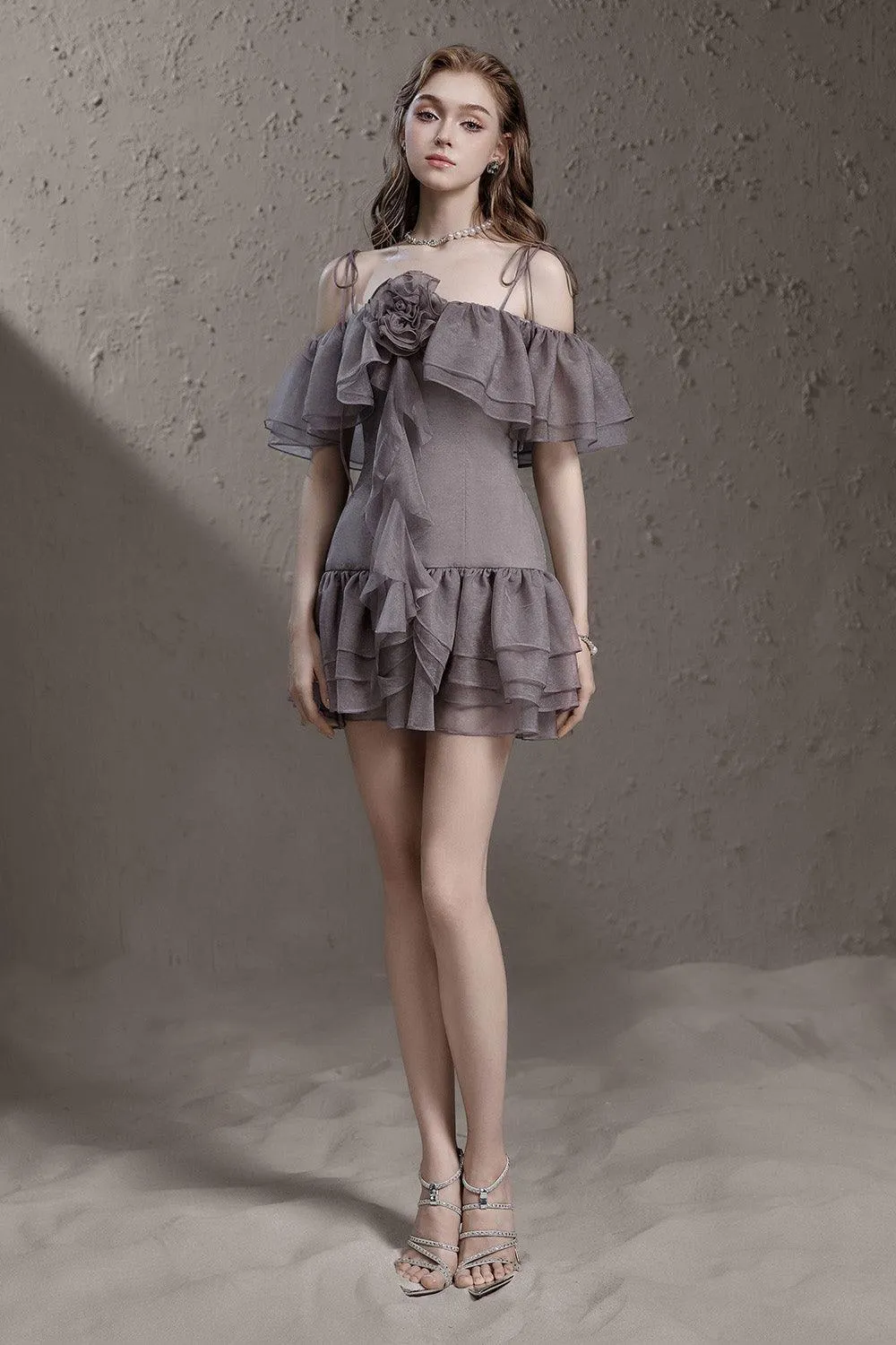 Camellia Drop Waist Cold Shoulder Sleeved Silk Mini Dress