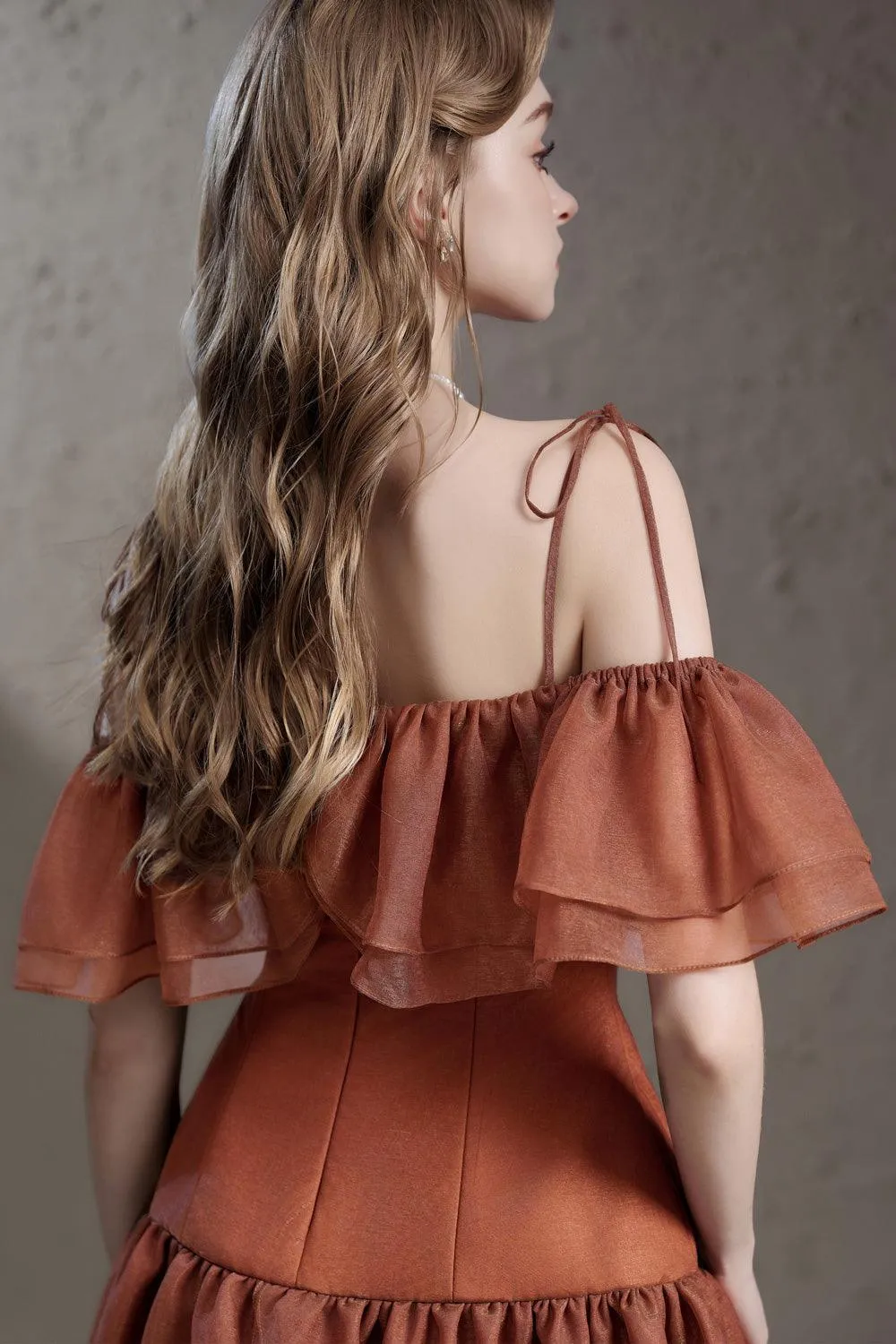 Camellia Drop Waist Cold Shoulder Sleeved Silk Mini Dress