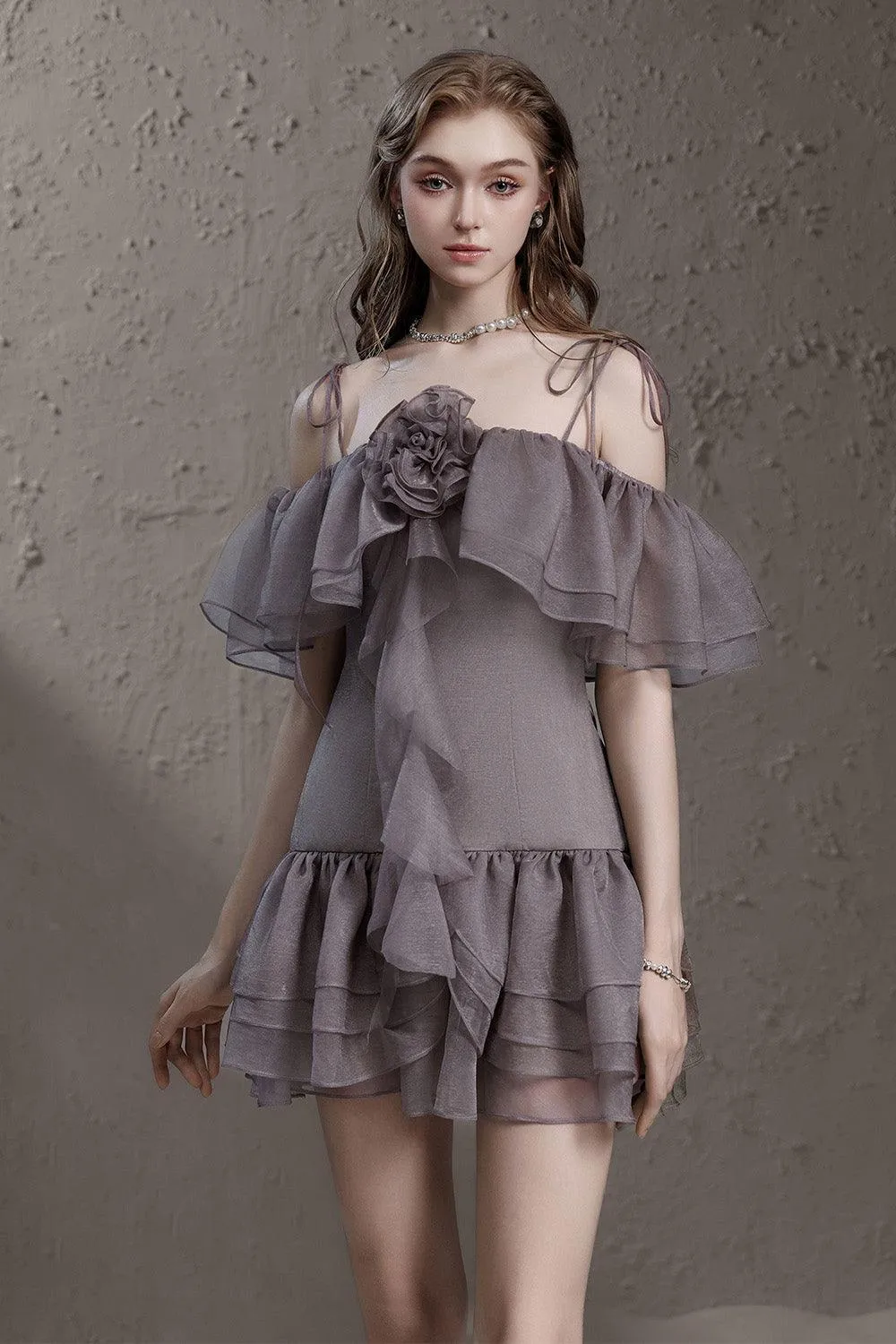 Camellia Drop Waist Cold Shoulder Sleeved Silk Mini Dress