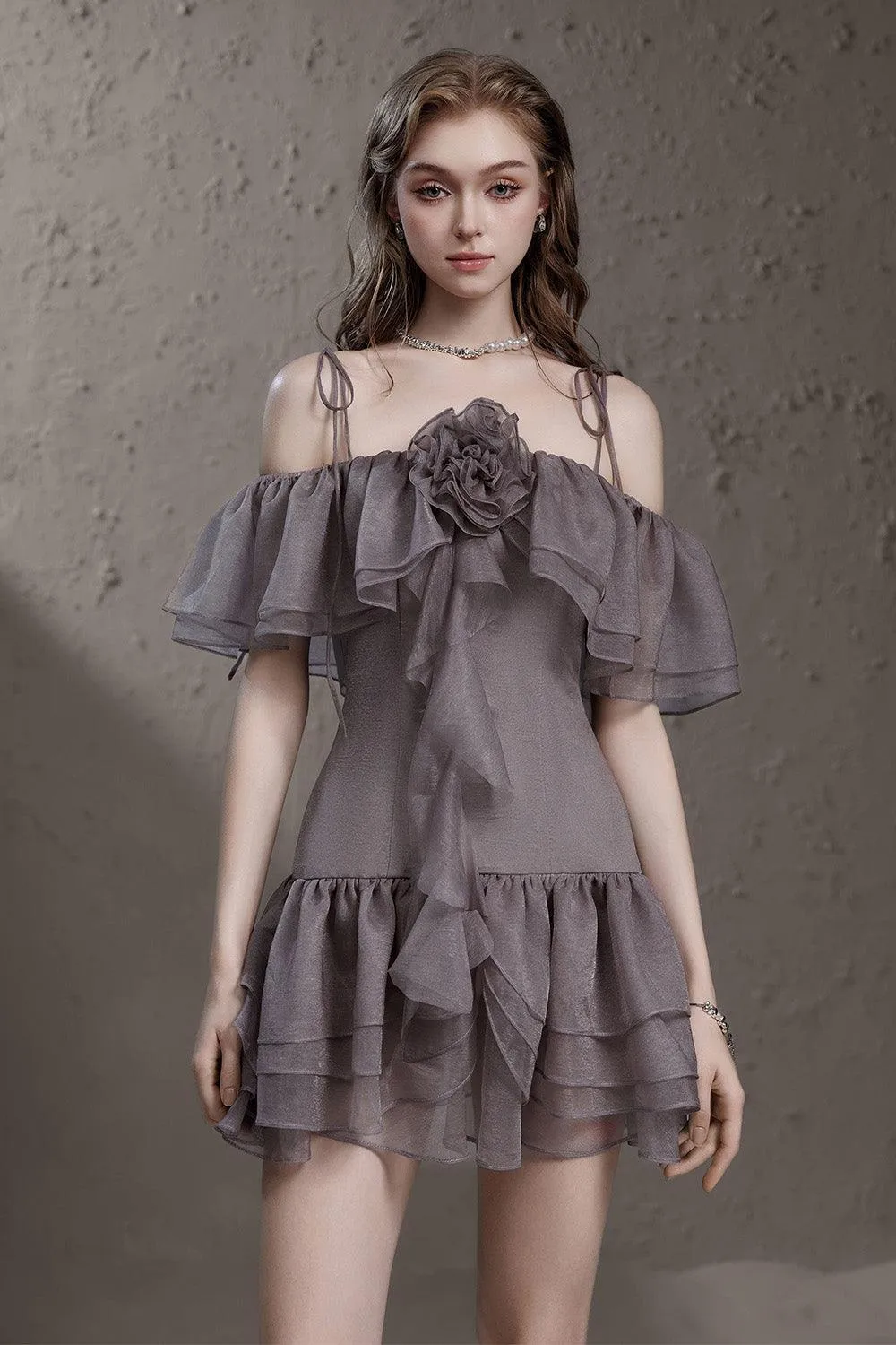 Camellia Drop Waist Cold Shoulder Sleeved Silk Mini Dress