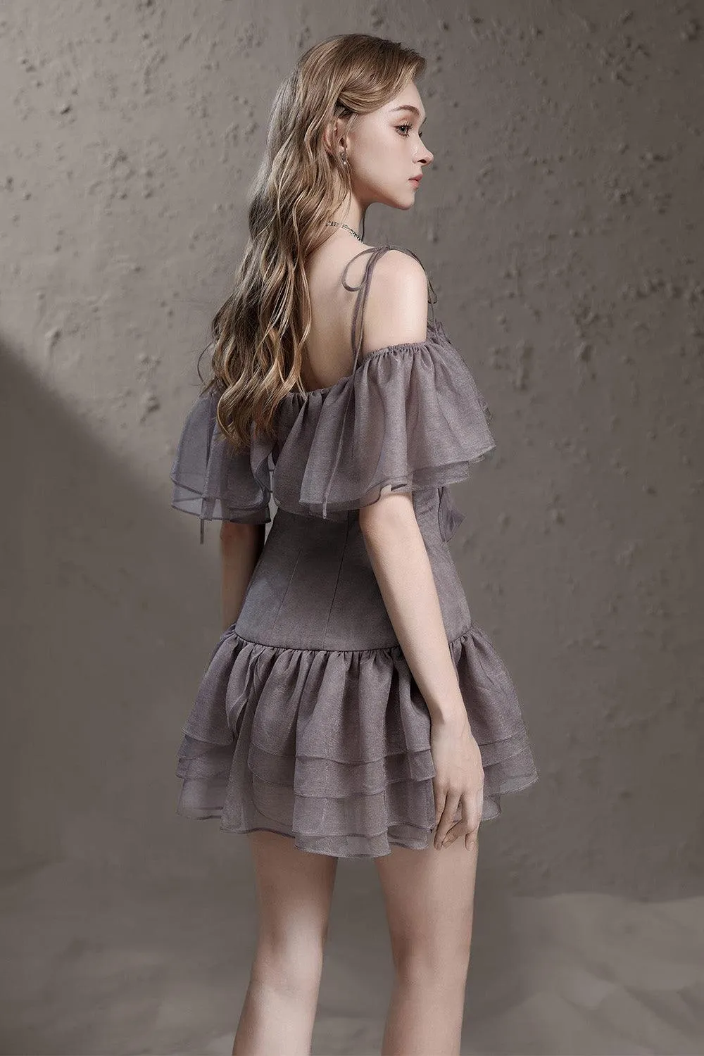Camellia Drop Waist Cold Shoulder Sleeved Silk Mini Dress