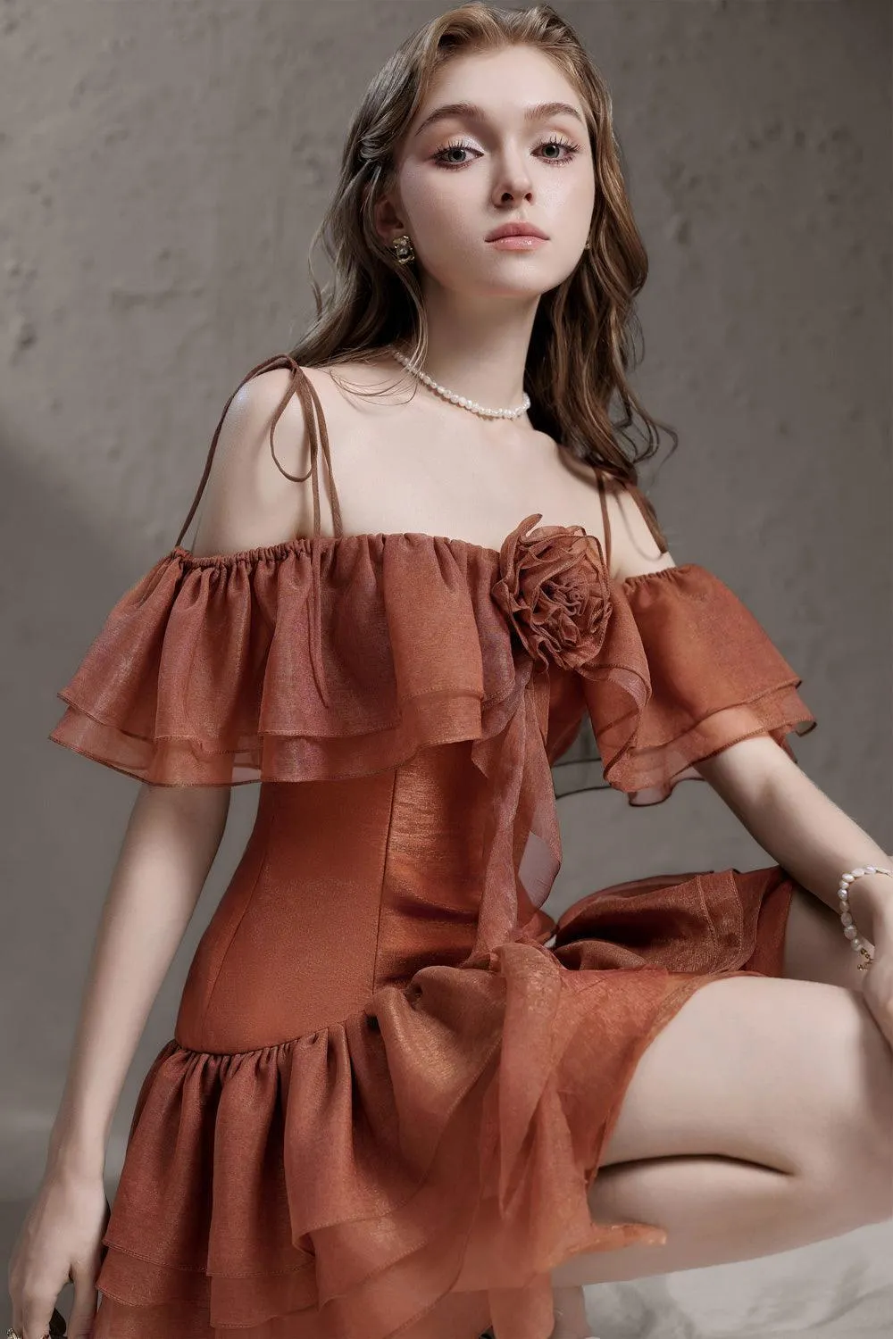 Camellia Drop Waist Cold Shoulder Sleeved Silk Mini Dress
