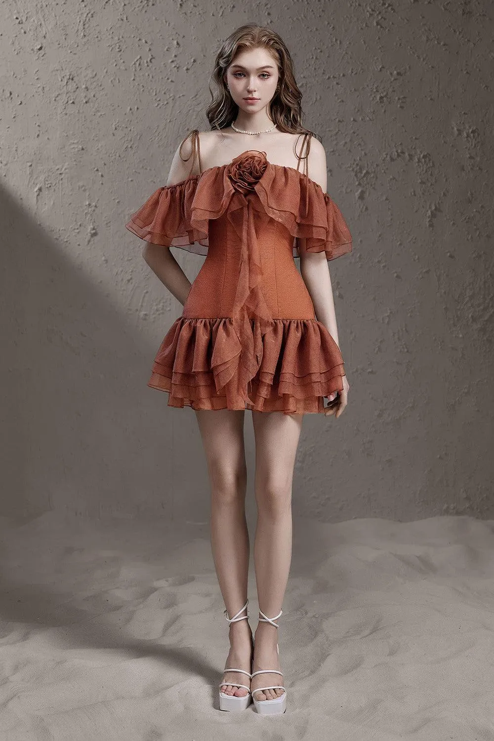 Camellia Drop Waist Cold Shoulder Sleeved Silk Mini Dress