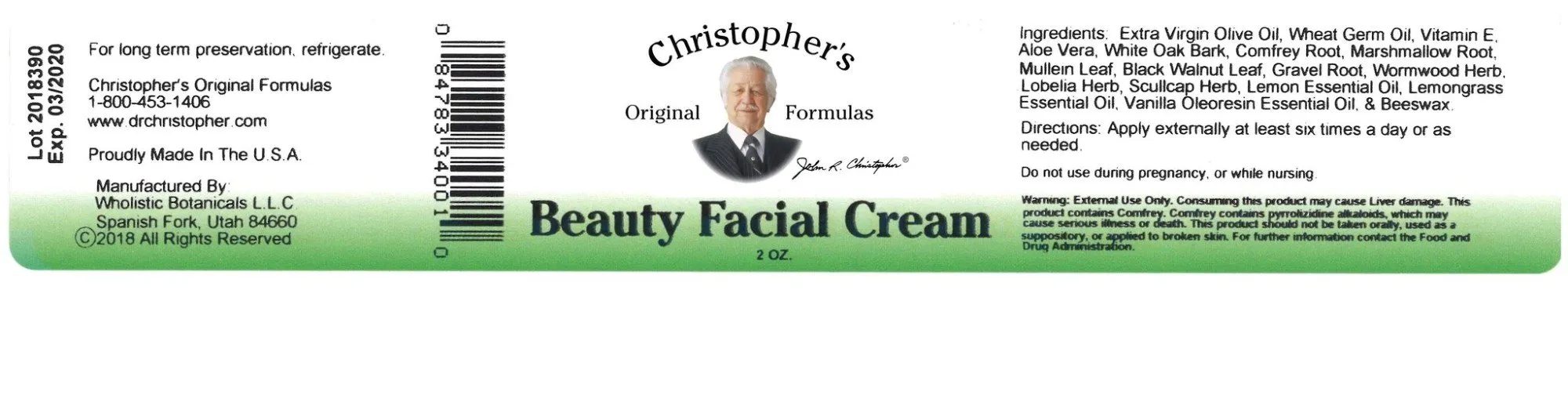 Christopher's Original Formulas Beauty Facial Cream 2 oz Cream