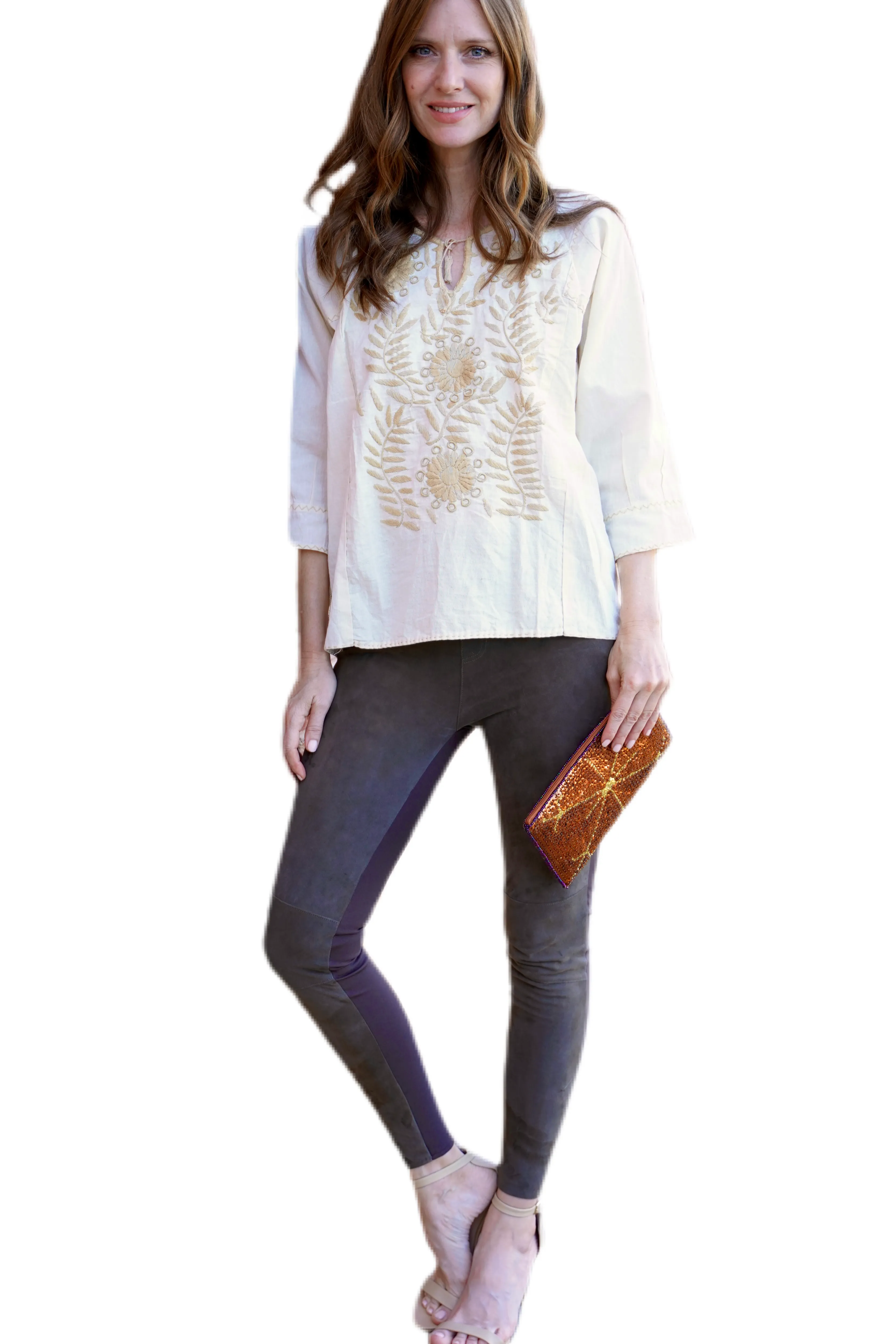 Corzo Mexican Embroidered Top- Taupe