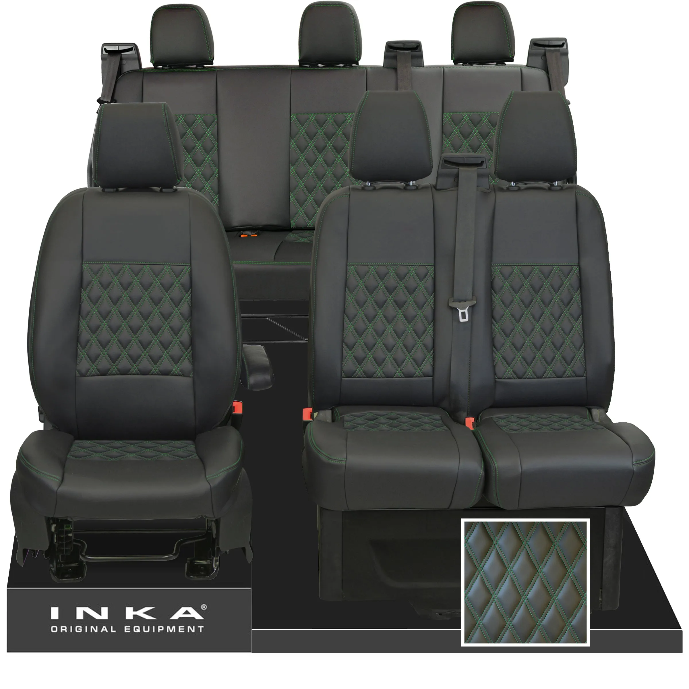 Ford Transit Custom INKA Front 1 2 & Rear Triple Tailored Leatherette Bentley Diamond Quilt Seat Covers Black MY12-23