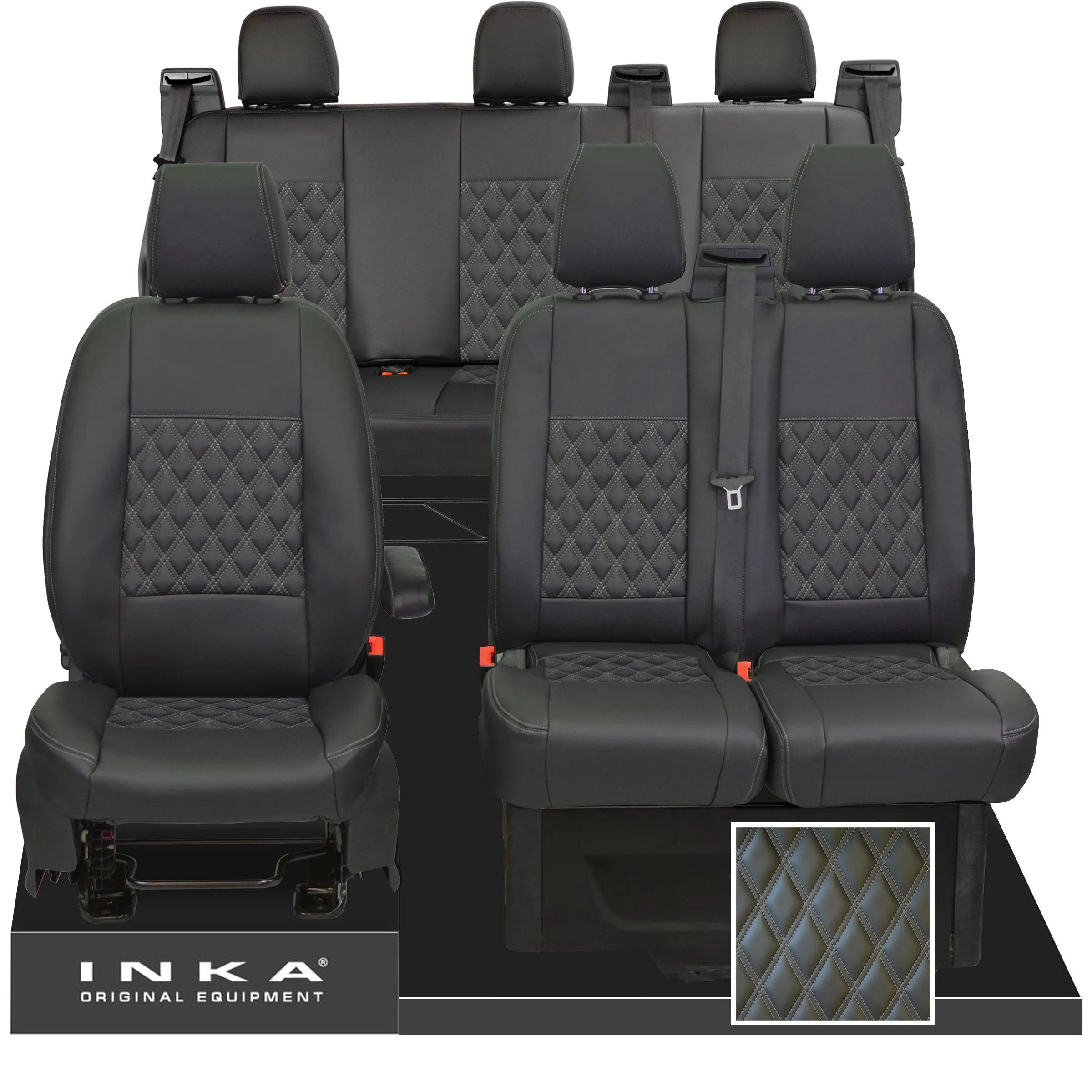 Ford Transit Custom INKA Front 1 2 & Rear Triple Tailored Leatherette Bentley Diamond Quilt Seat Covers Black MY12-23