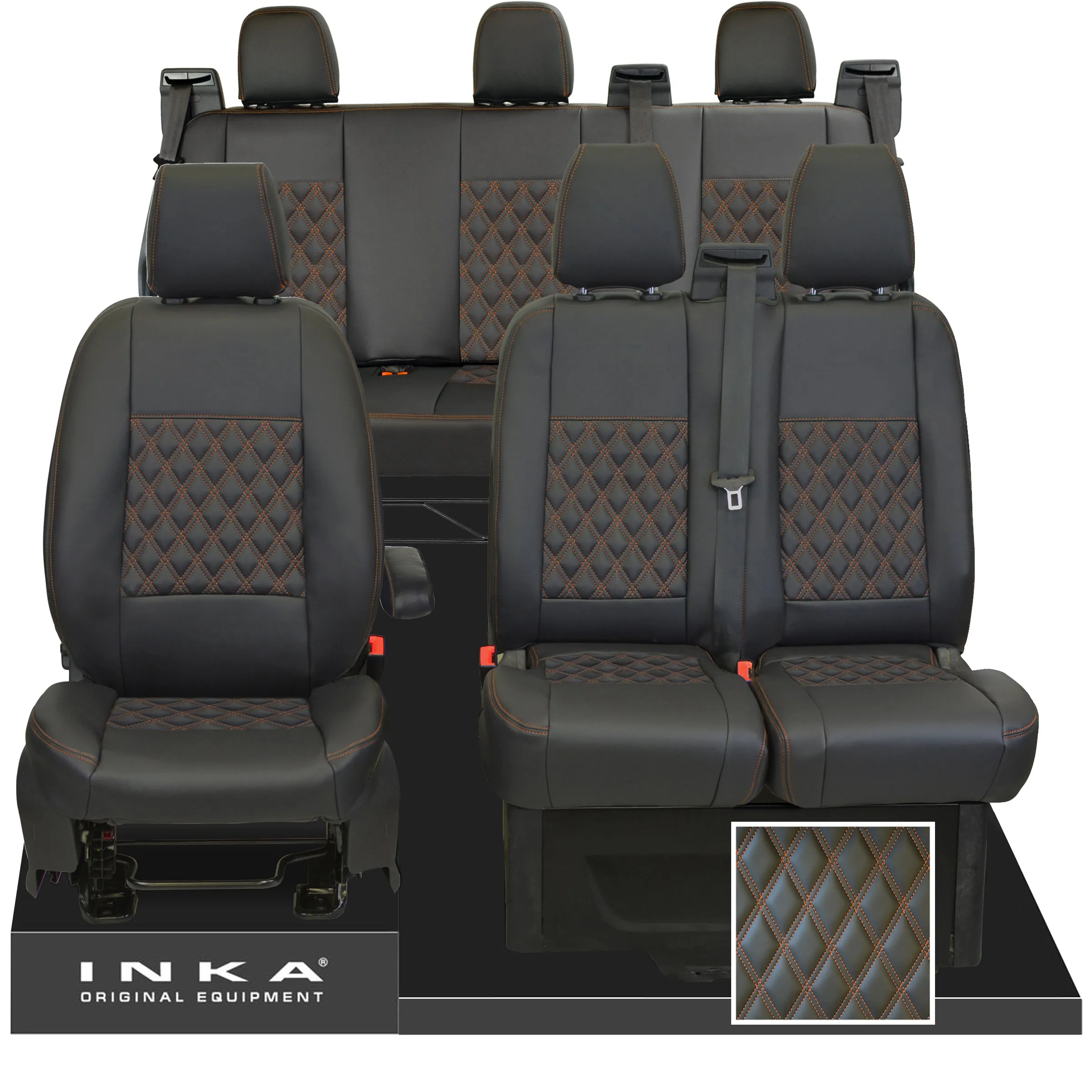 Ford Transit Custom INKA Front 1 2 & Rear Triple Tailored Leatherette Bentley Diamond Quilt Seat Covers Black MY12-23