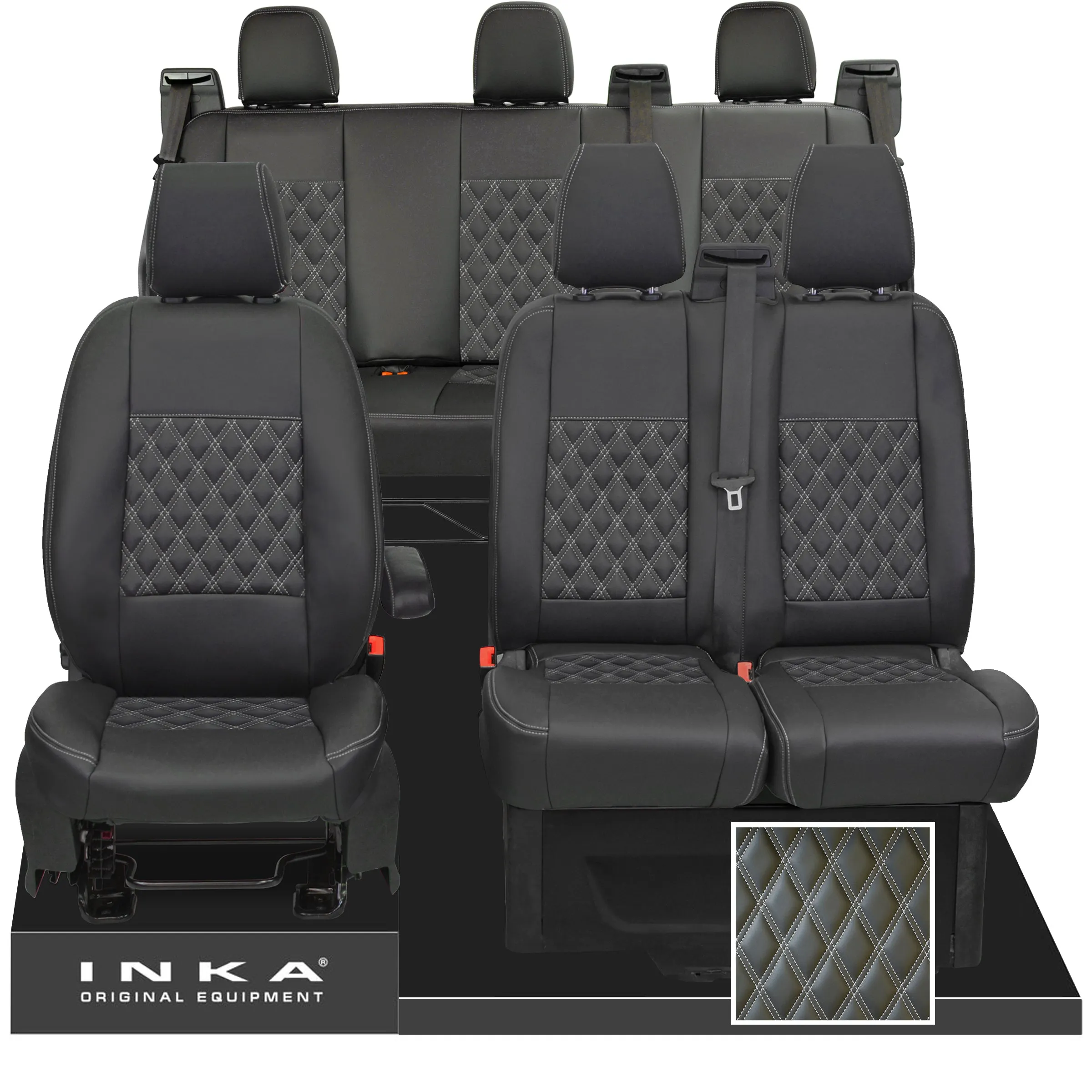 Ford Transit Custom INKA Front 1 2 & Rear Triple Tailored Leatherette Bentley Diamond Quilt Seat Covers Black MY12-23