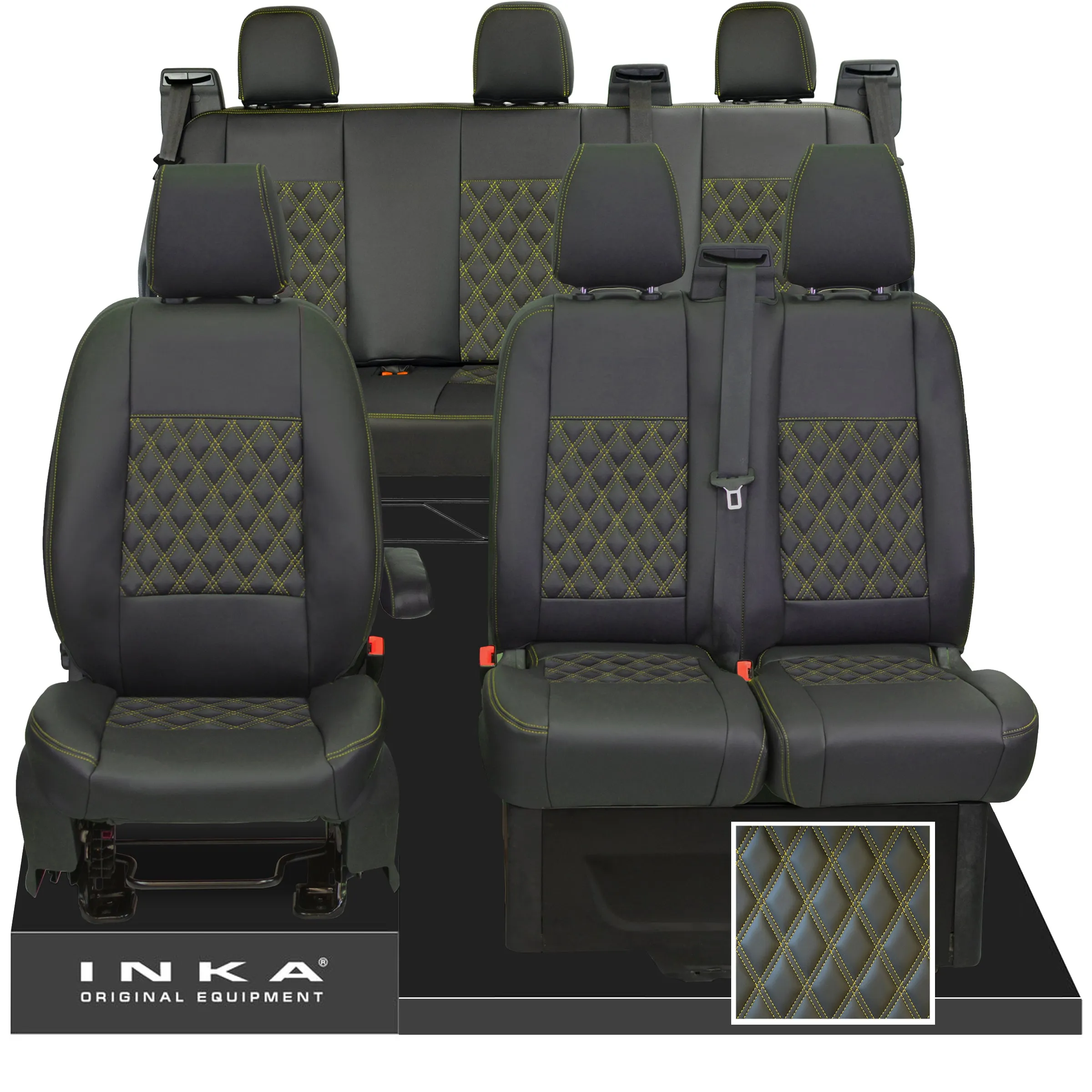 Ford Transit Custom INKA Front 1 2 & Rear Triple Tailored Leatherette Bentley Diamond Quilt Seat Covers Black MY12-23