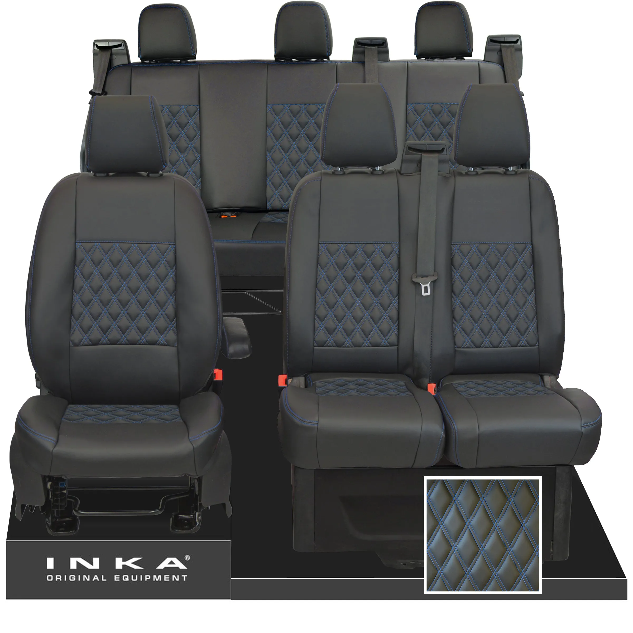 Ford Transit Custom INKA Front 1 2 & Rear Triple Tailored Leatherette Bentley Diamond Quilt Seat Covers Black MY12-23