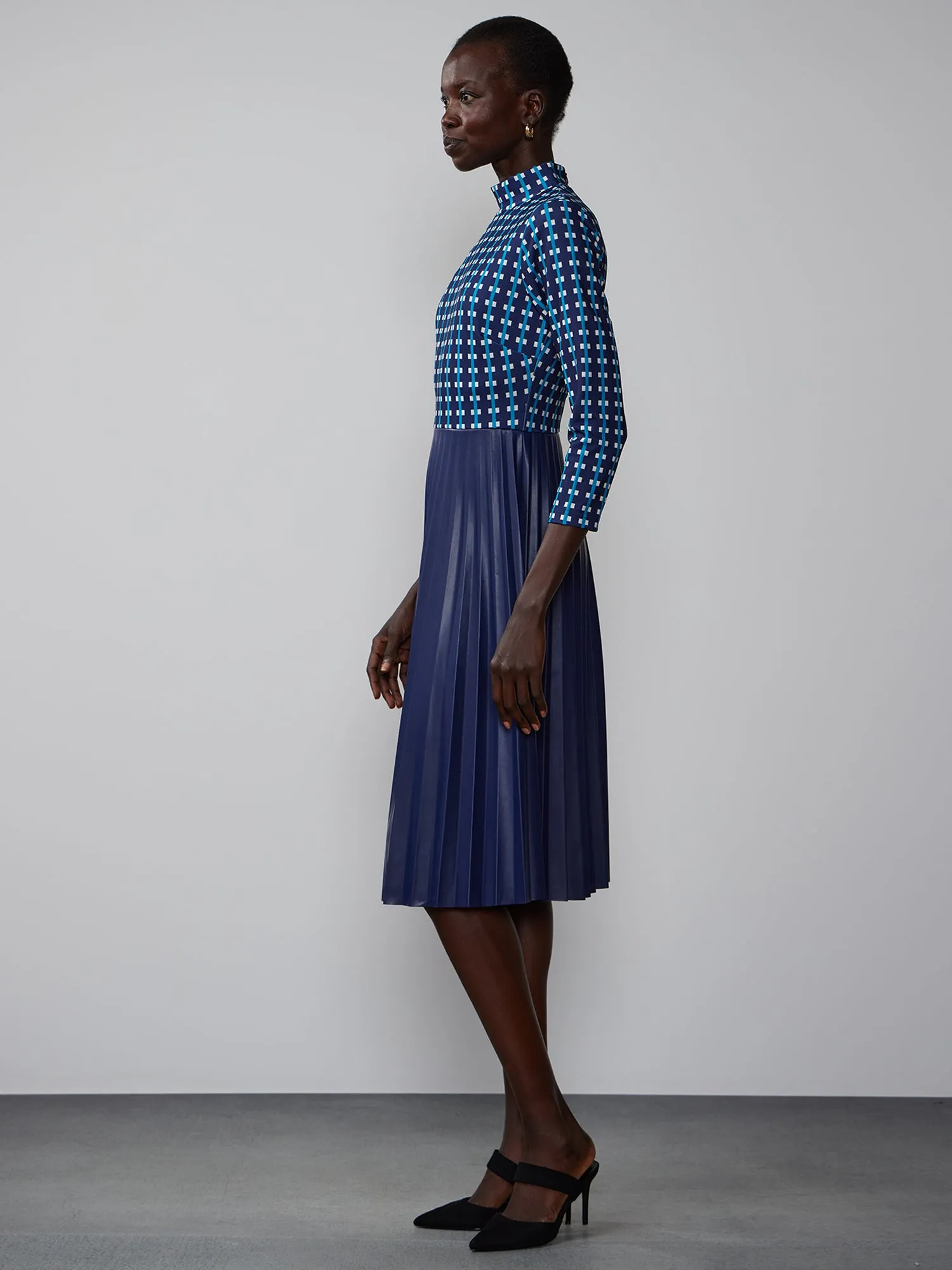 Geometric Print Mock Neck PU Dress