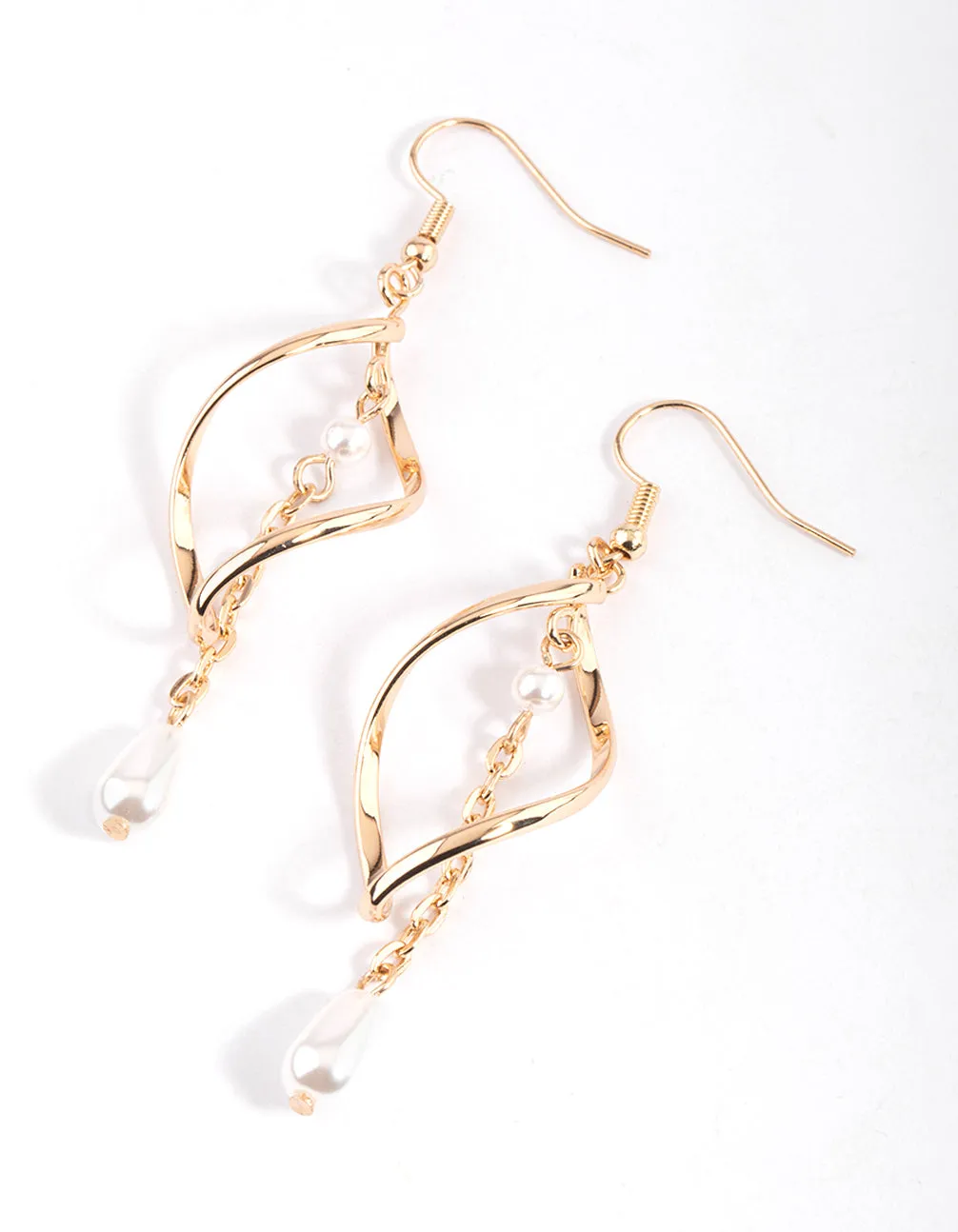 Gold Marquise Twist Pearl Drop Earrings