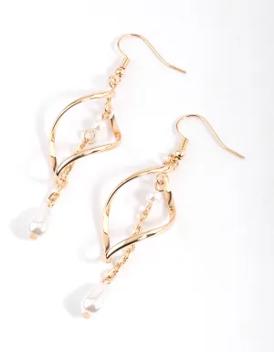 Gold Marquise Twist Pearl Drop Earrings