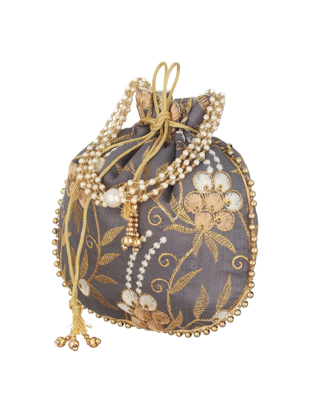 Grey & Gold Embroidered Embellished Potli Clutch
