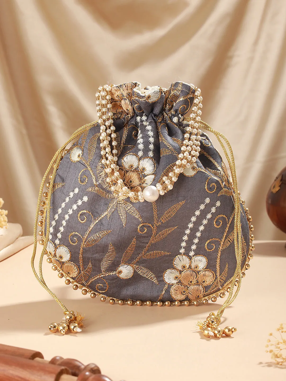 Grey & Gold Embroidered Embellished Potli Clutch