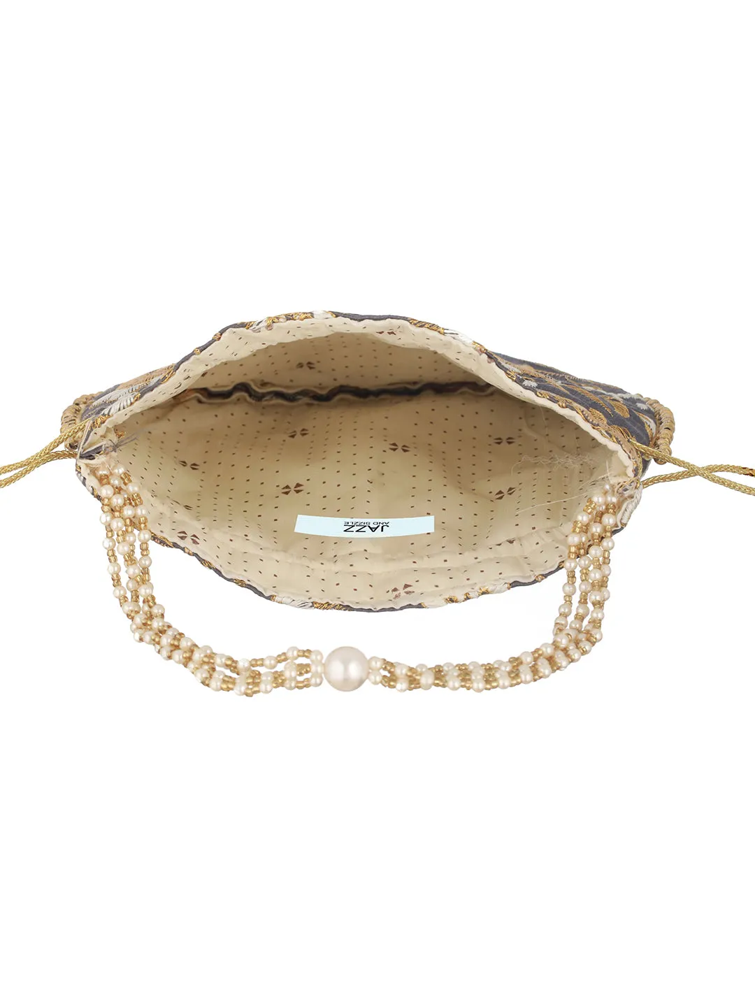 Grey & Gold Embroidered Embellished Potli Clutch