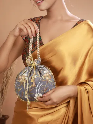 Grey & Gold Embroidered Embellished Potli Clutch
