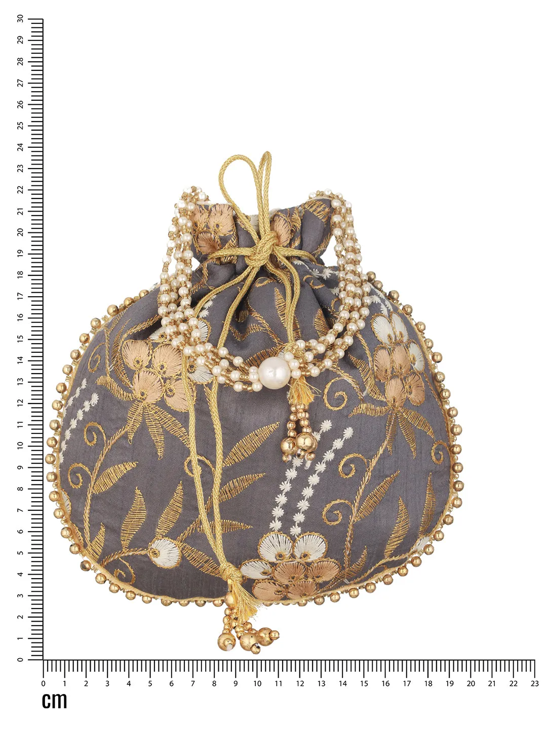 Grey & Gold Embroidered Embellished Potli Clutch