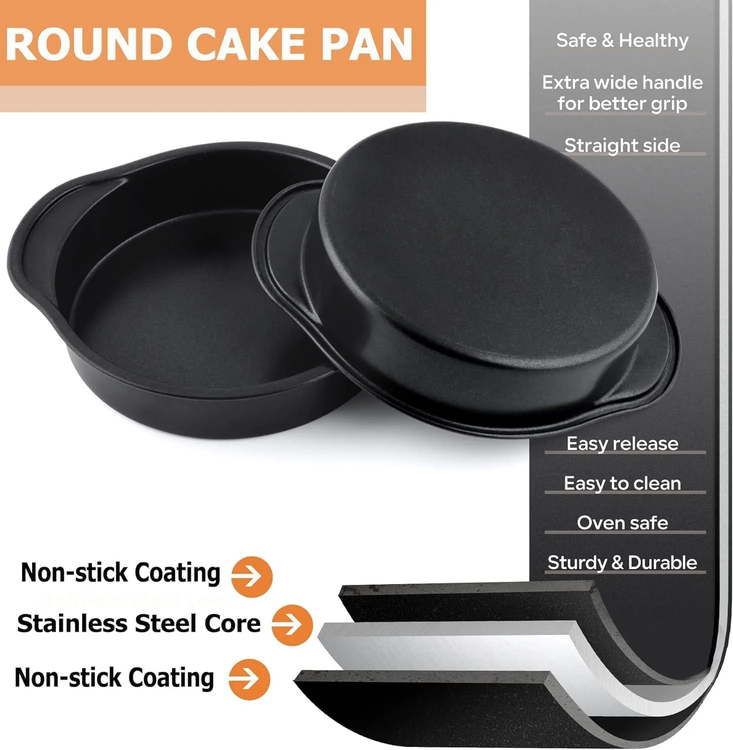 Kuber Industries 8 inch Non-Stick Cake Pan for Baking|Round Shape Cake Baking Mold|Side Handles-Pack of 3 (Black)