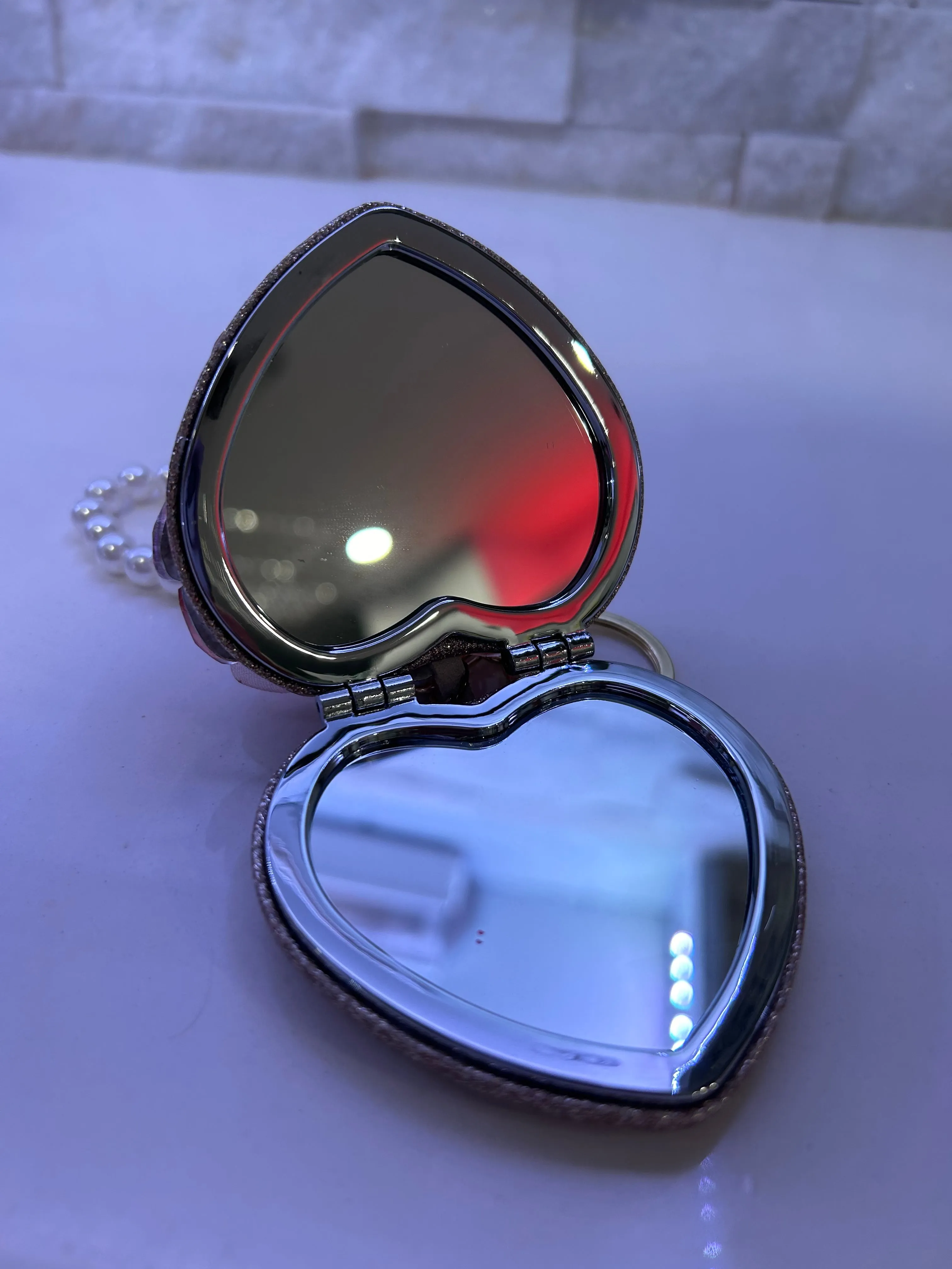 Leah Heart Bling Compact Mirror - Pink