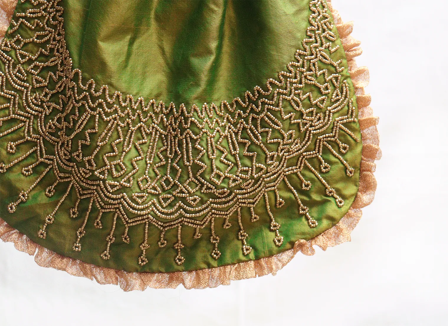 Parrot green silk with multicolour glass bead embroidery