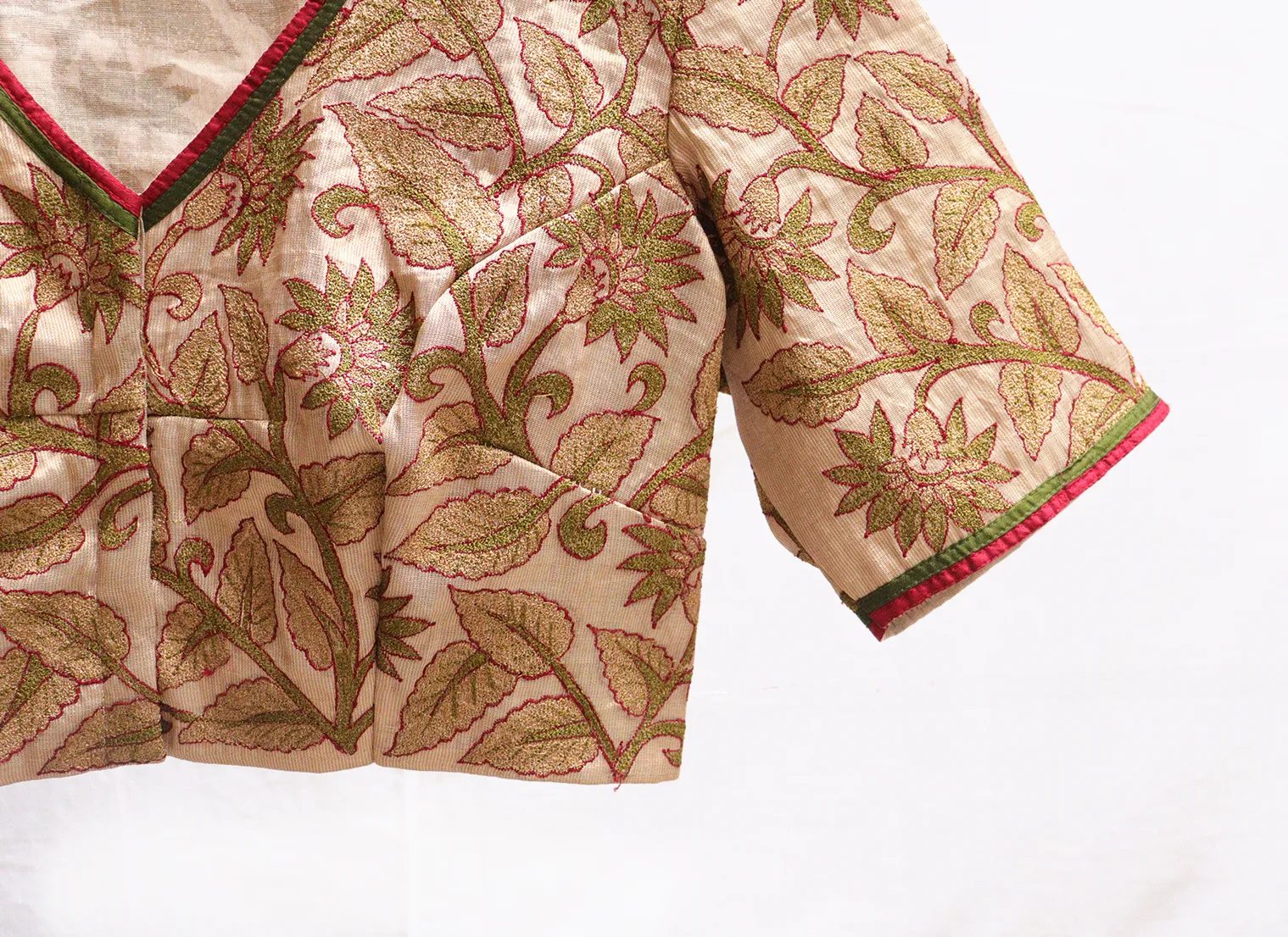 Parrot green silk with multicolour glass bead embroidery