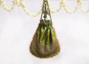 Parrot green silk with multicolour glass bead embroidery