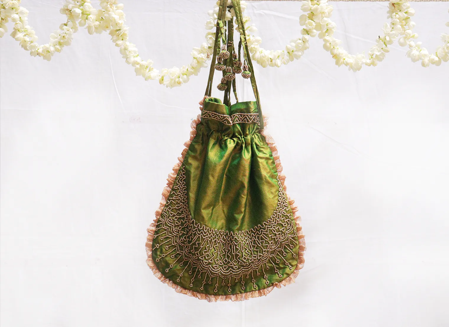 Parrot green silk with multicolour glass bead embroidery