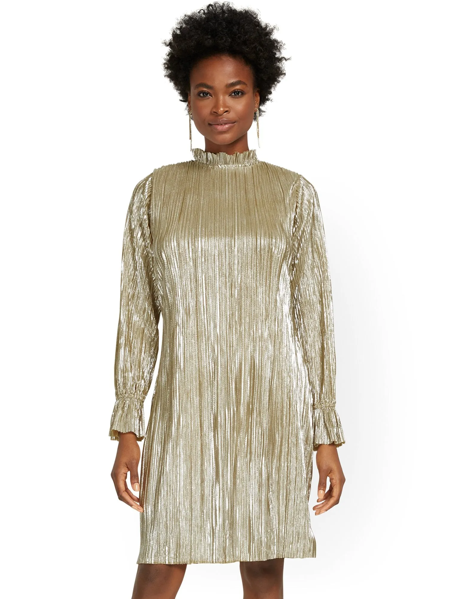 Pleated Ruffle-Neck Shift Dress
