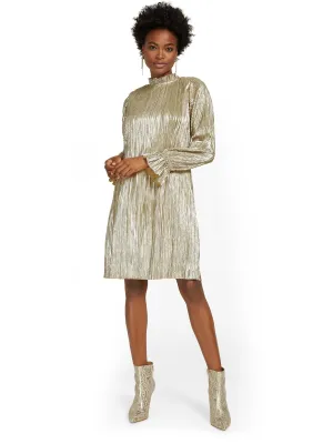 Pleated Ruffle-Neck Shift Dress