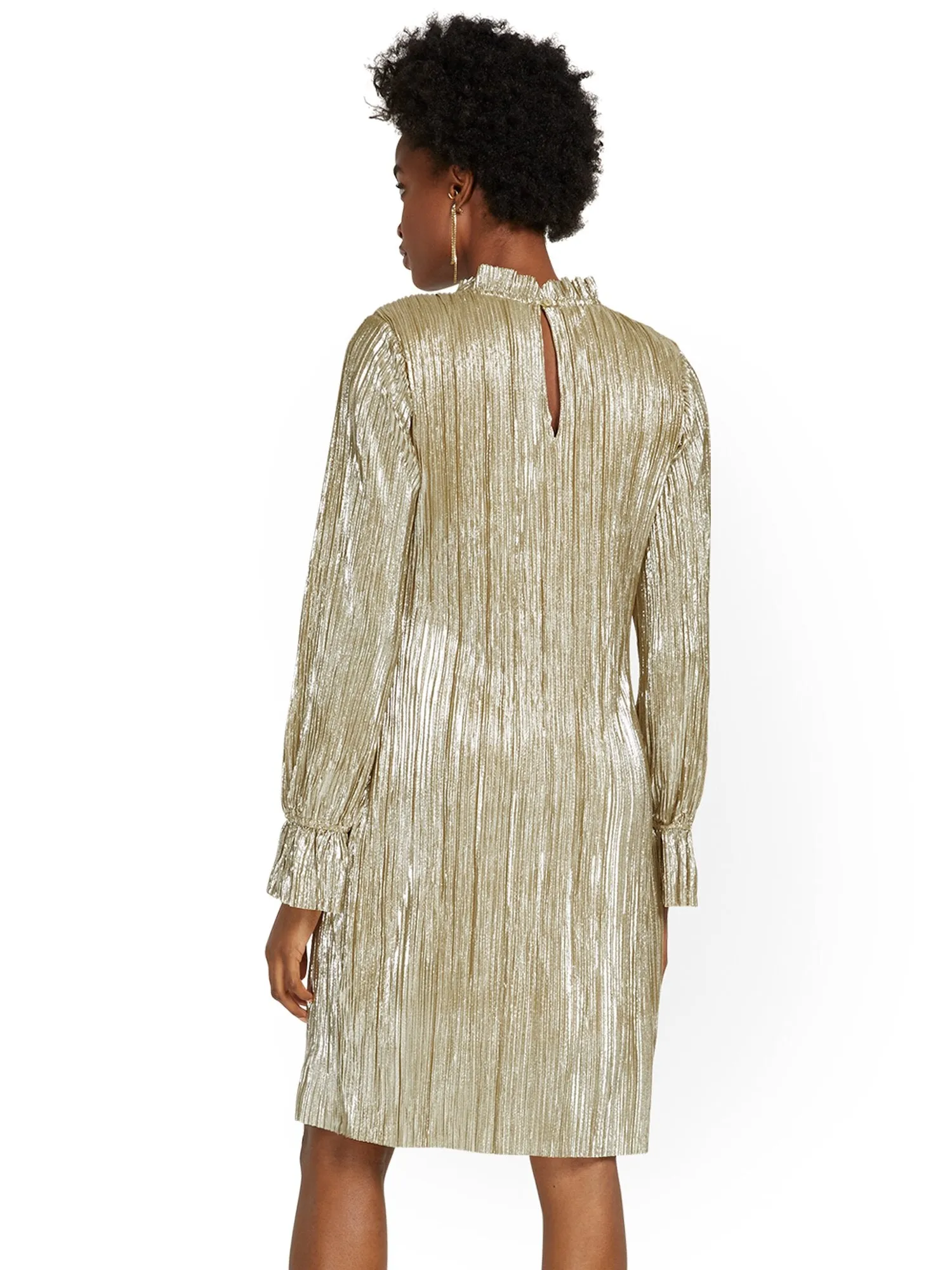 Pleated Ruffle-Neck Shift Dress