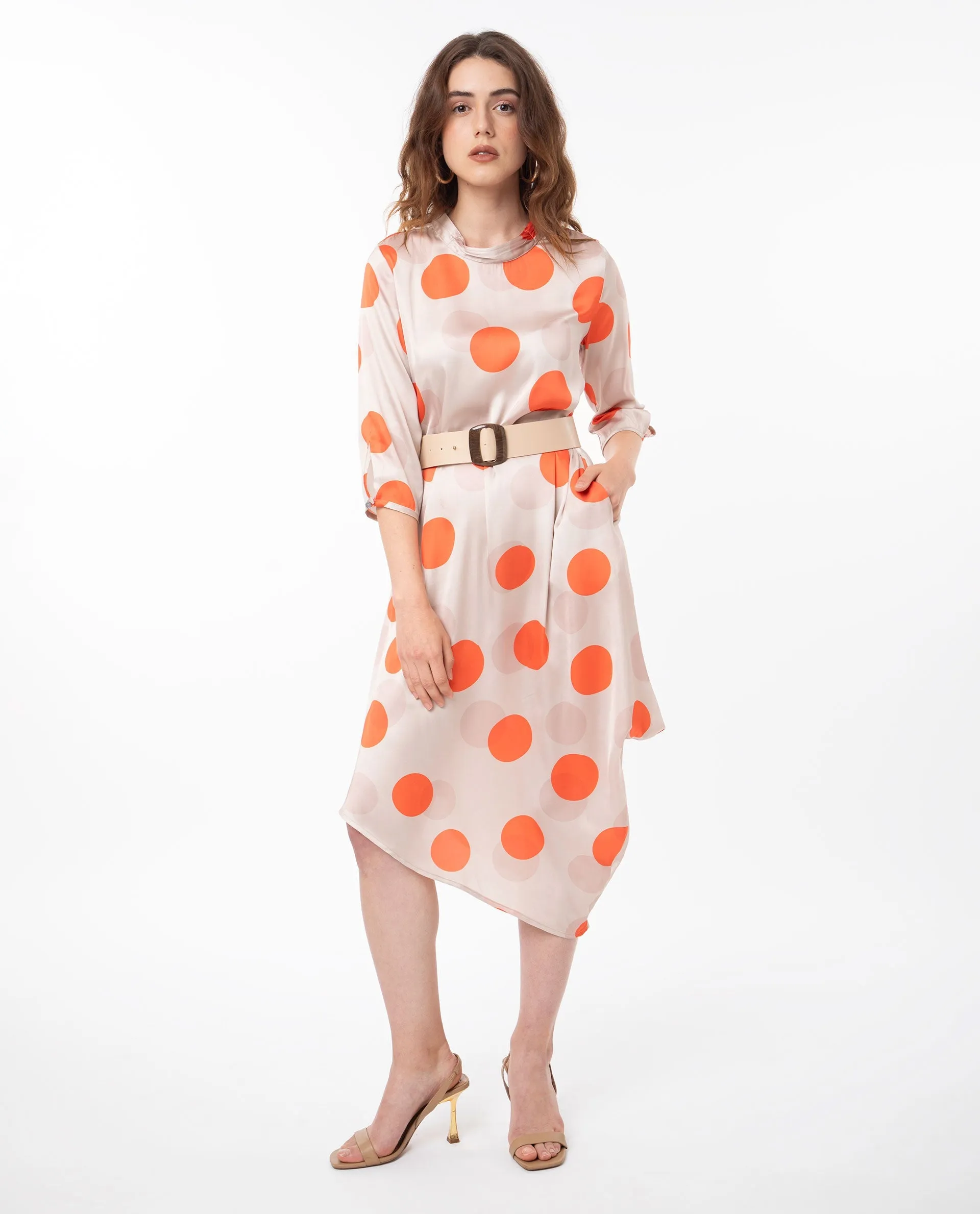 Rareism Women Nia Light Beige Polyester Fabric 3/4Th Sleeves Zip Closure High Neck Relaxed Fit Polka Midi Asymmetric Dress