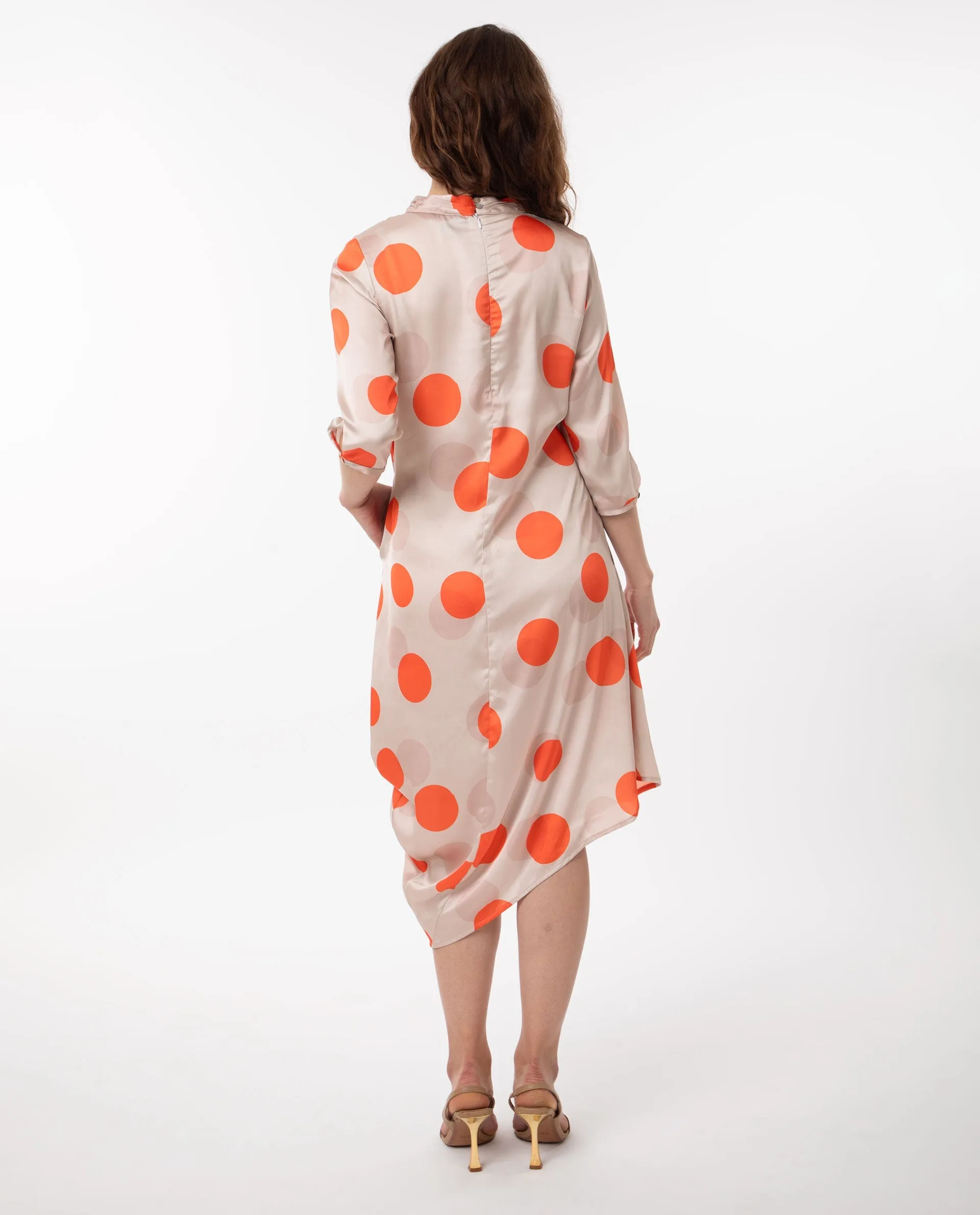 Rareism Women Nia Light Beige Polyester Fabric 3/4Th Sleeves Zip Closure High Neck Relaxed Fit Polka Midi Asymmetric Dress