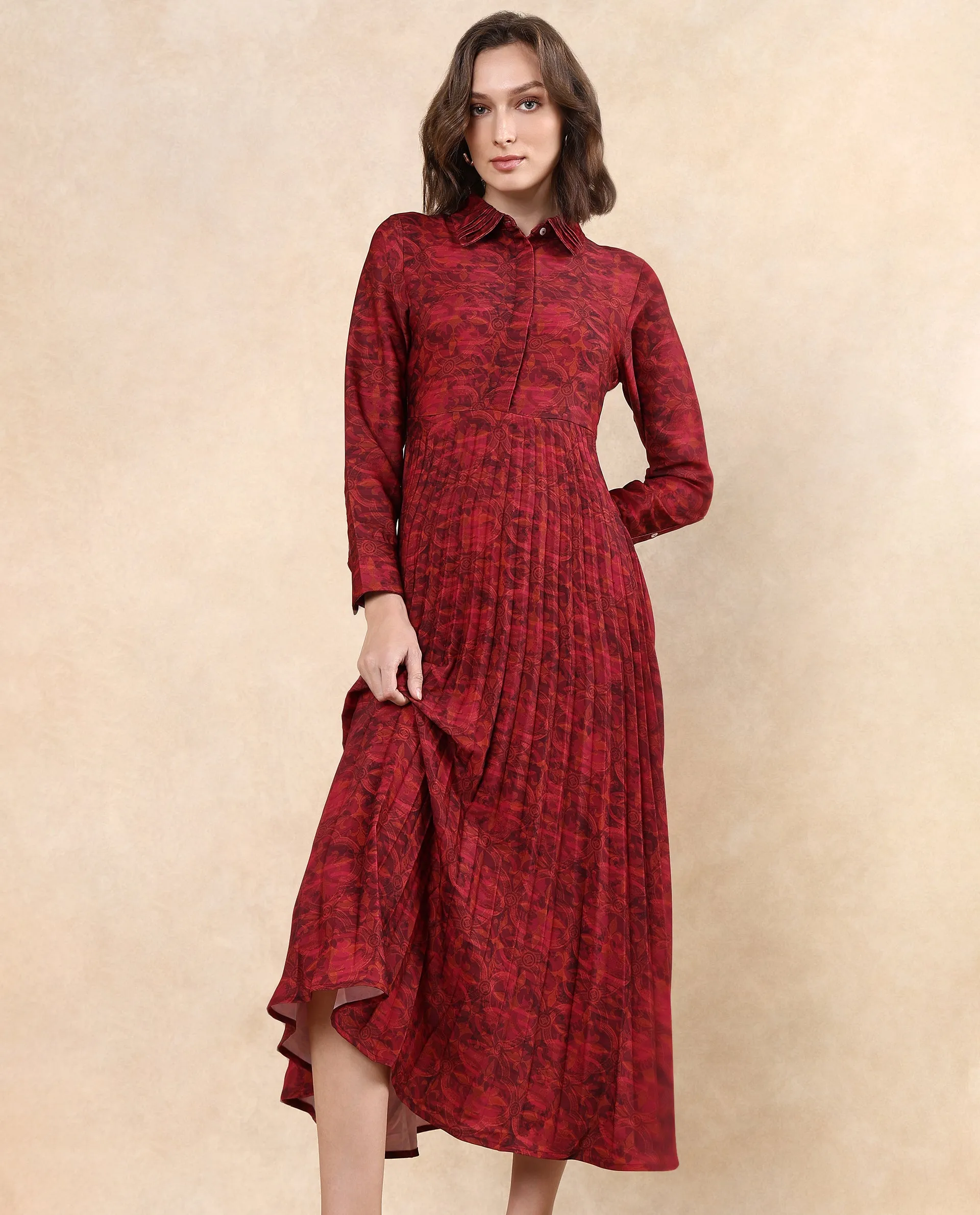 Rareism Women Verde Multi Polyester Fabric Cuffed Sleeve Collared Neck Button Closure Flared Maxi Floral Print Dress
