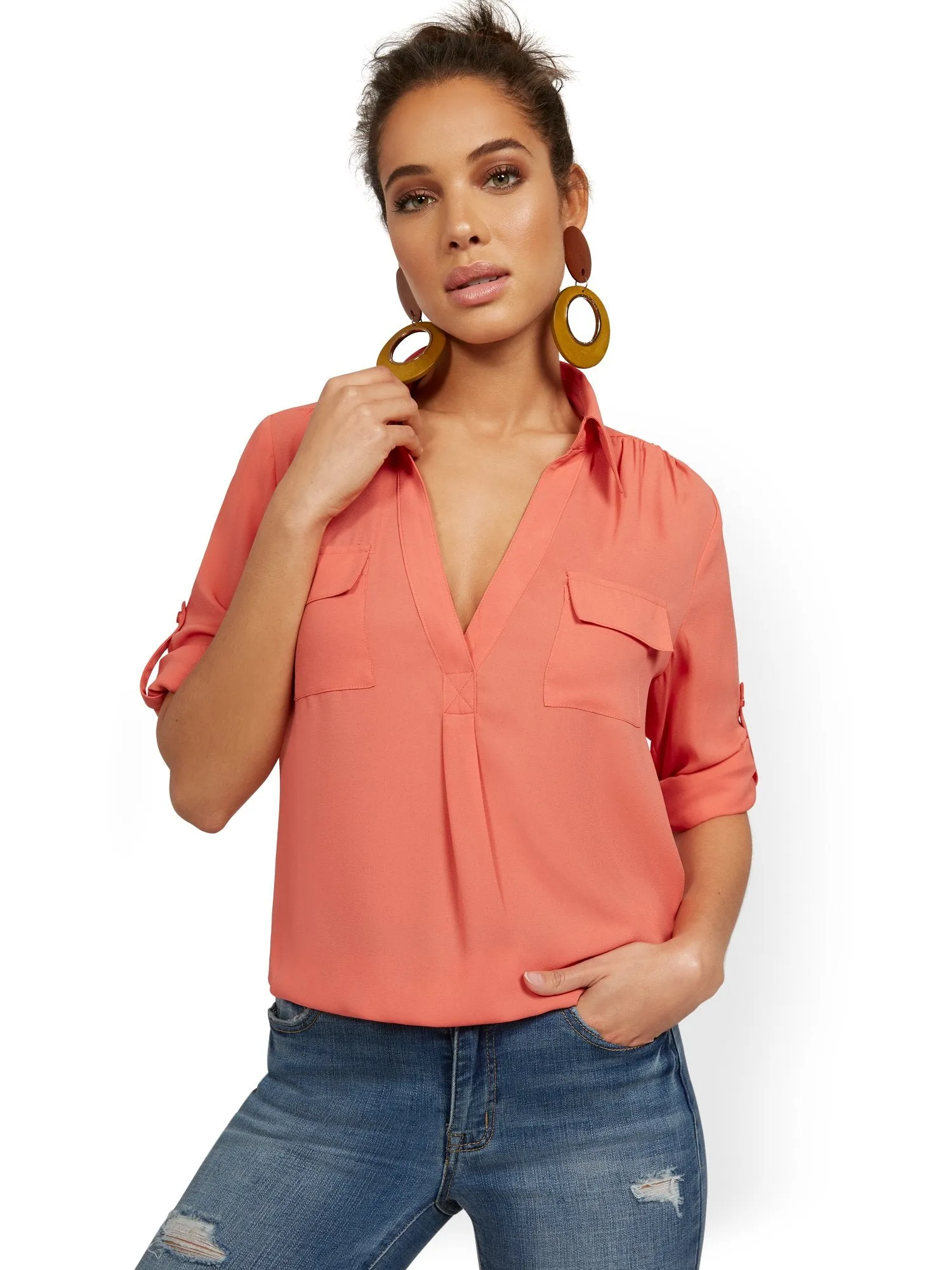 Split-Neck Double Pocket Top