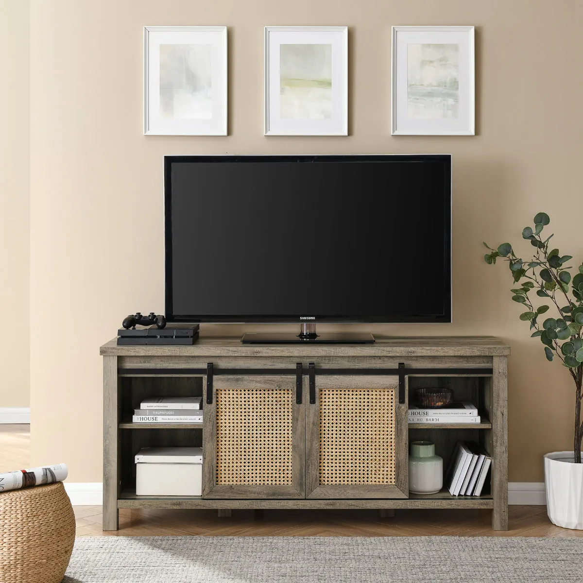 TV Stand up to 65 W/Electric Fireplace 4 Storage Shelves, Grey