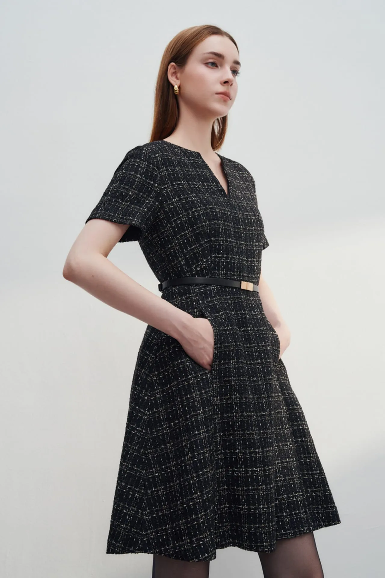 V-Neck Lurex Tweed Dress