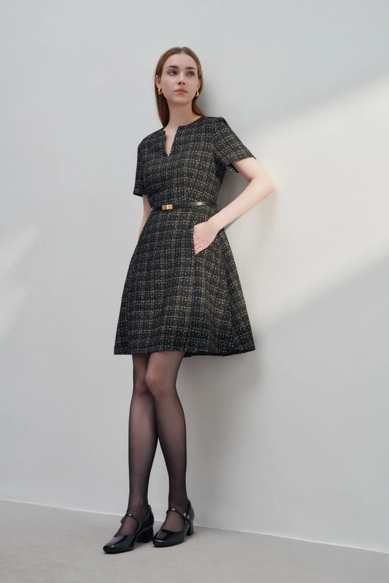 V-Neck Lurex Tweed Dress