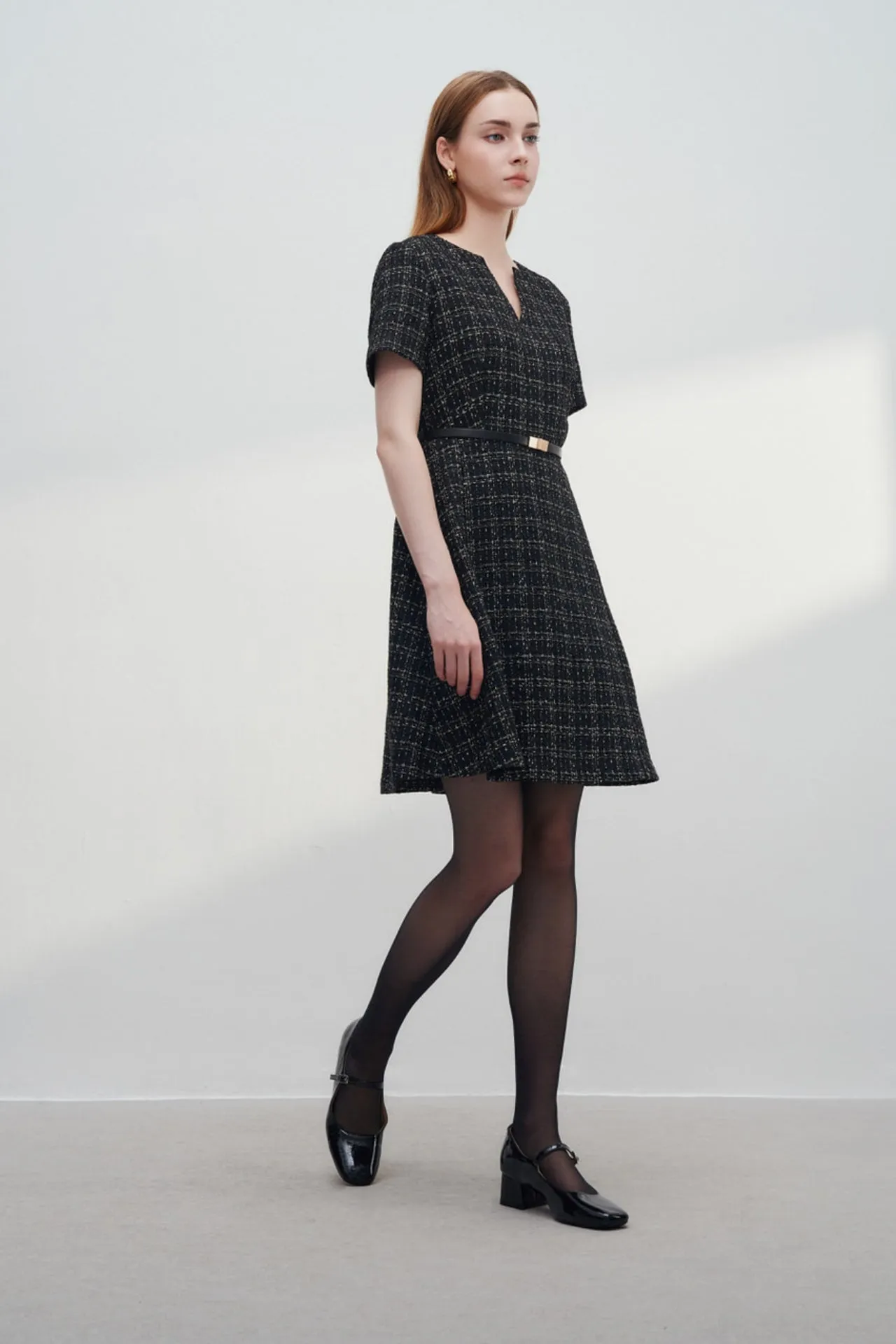 V-Neck Lurex Tweed Dress