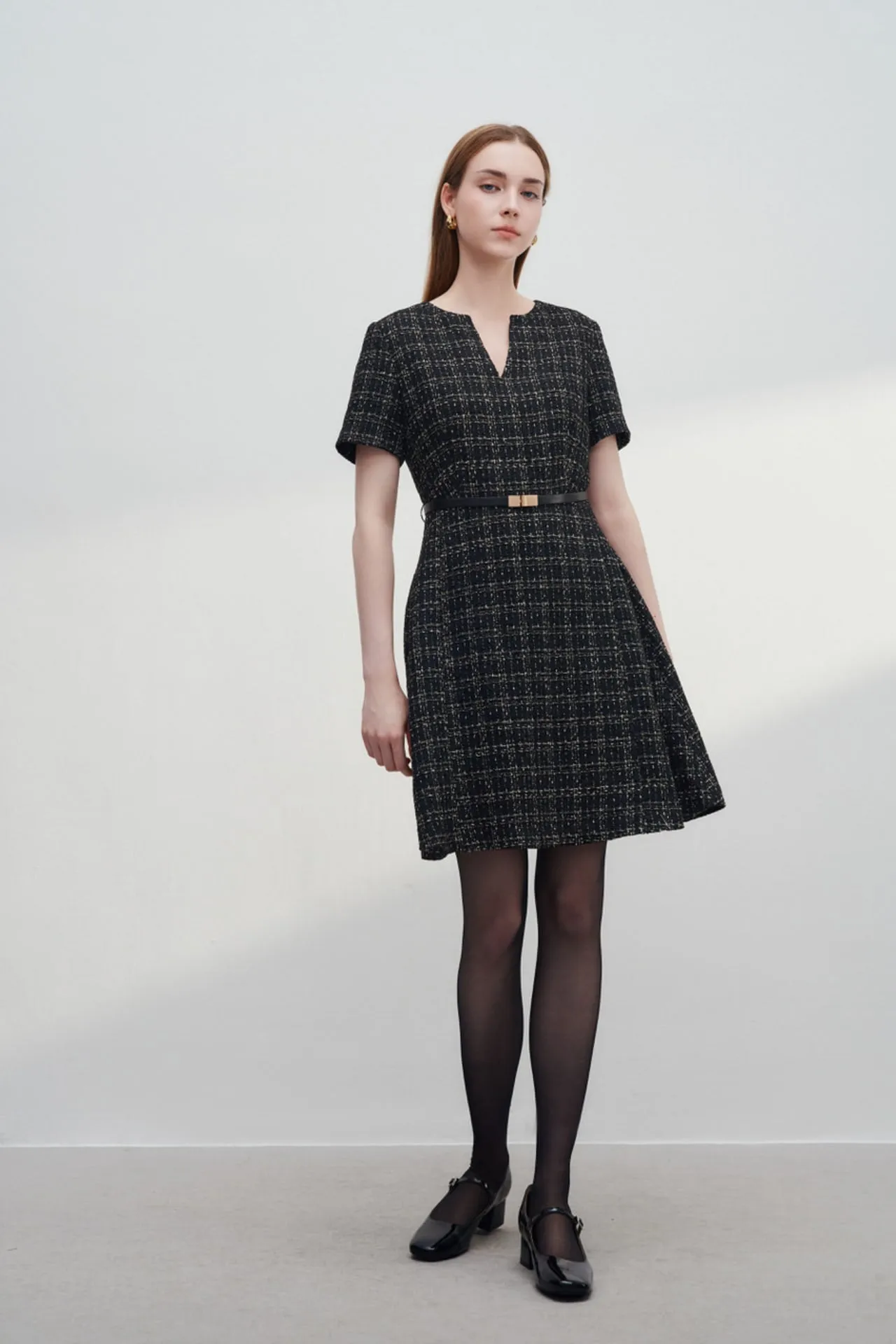 V-Neck Lurex Tweed Dress