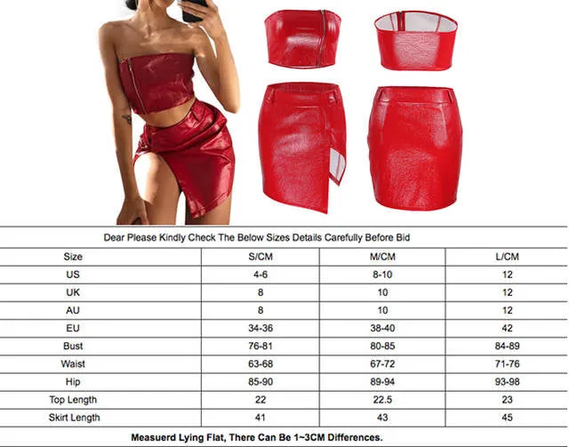Zipper detail latex leather style 2 piece crop top split skirt