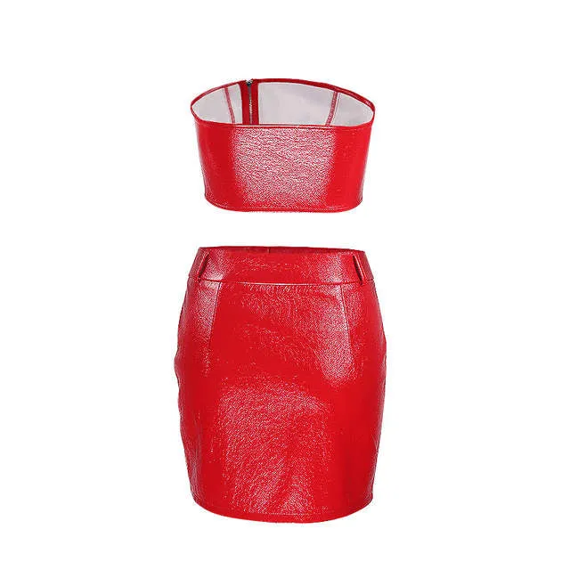 Zipper detail latex leather style 2 piece crop top split skirt