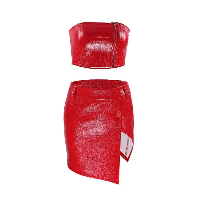 Zipper detail latex leather style 2 piece crop top split skirt